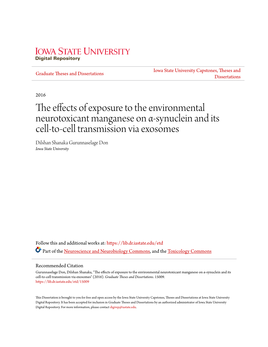 The Effects of Exposure to the Environmental Neurotoxicant Manganese on Α-Synuclein and Its Cell-To-Cell Transmission Via Exoso