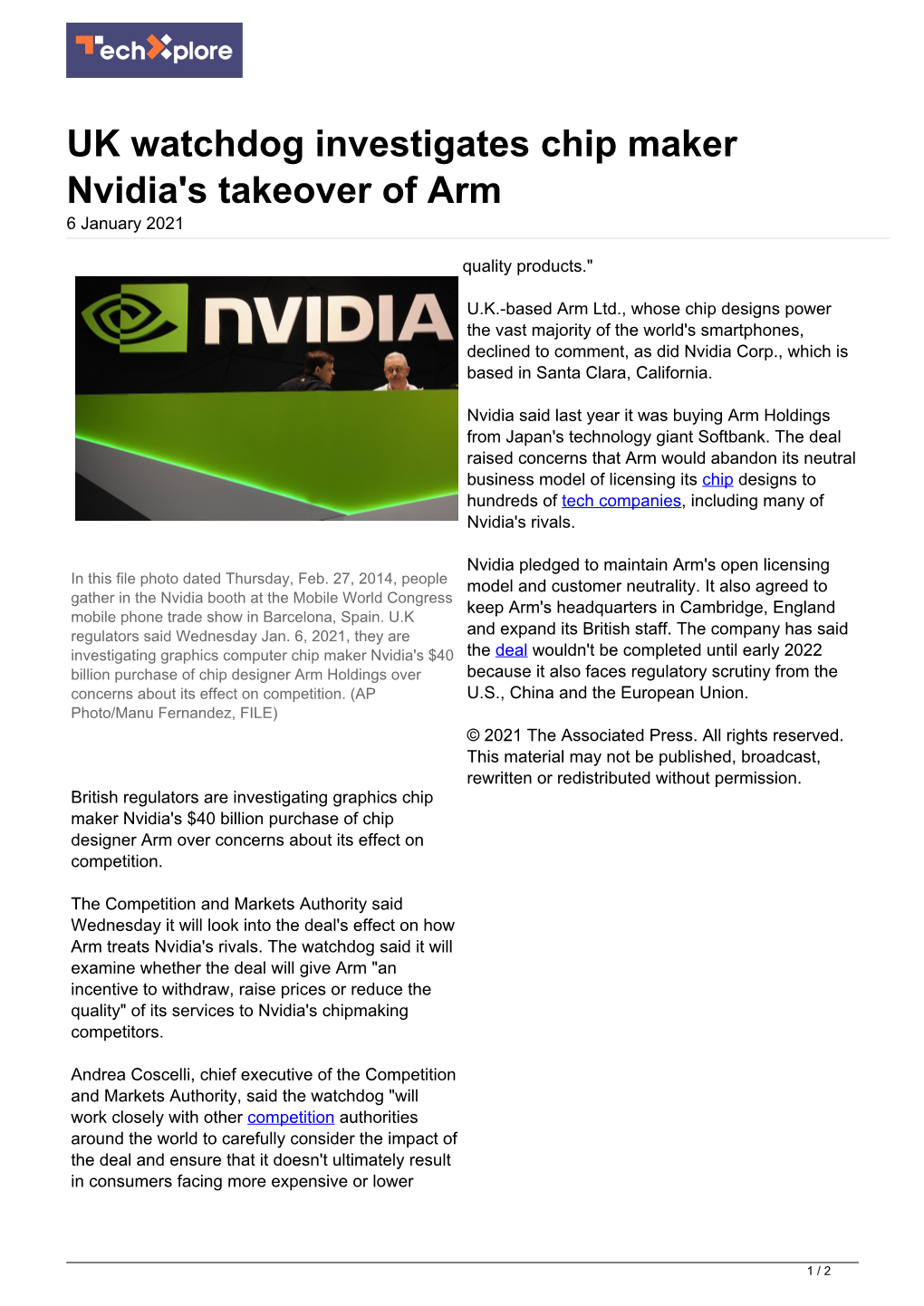 UK Watchdog Investigates Chip Maker Nvidia's Takeover of Arm 6 January 2021