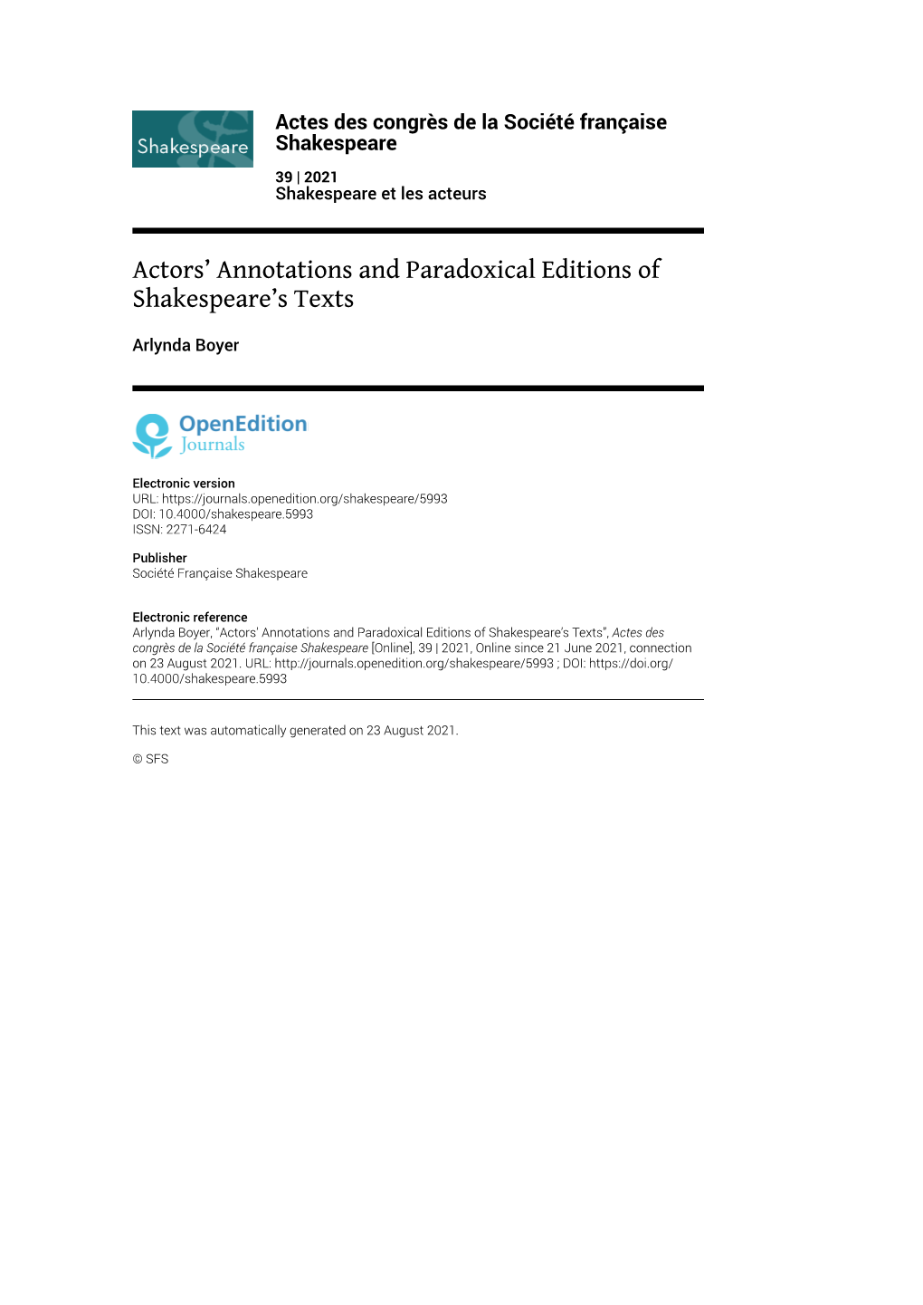 Actes Des Congrès De La Société Française Shakespeare, 39 | 2021 Actors’ Annotations and Paradoxical Editions of Shakespeare’S Texts 2