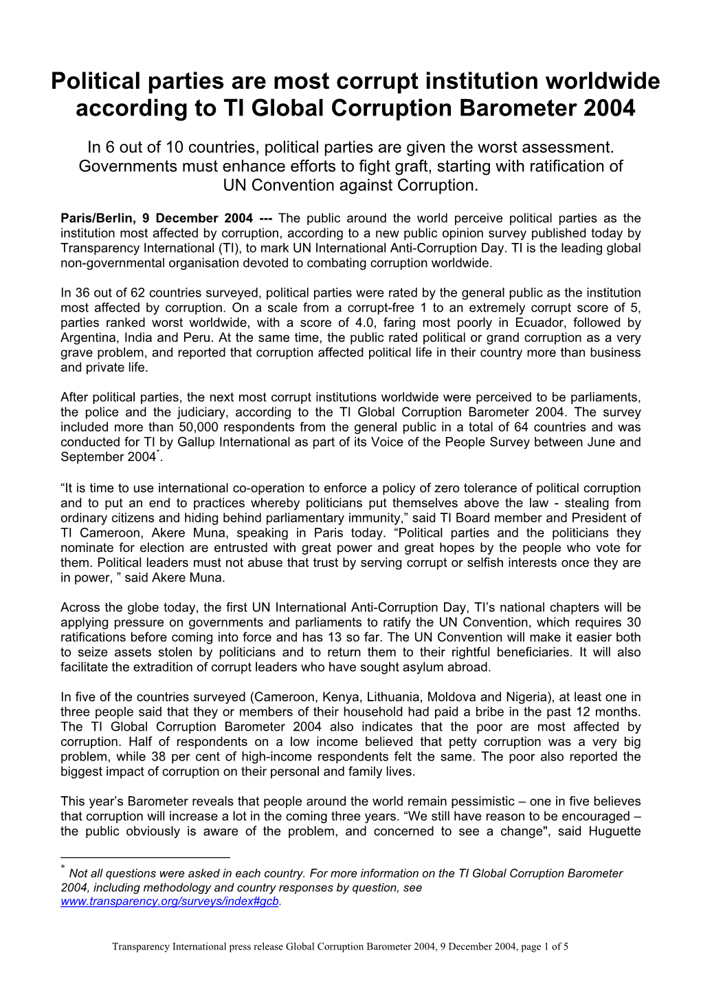 Political Parties Are Most Corrupt Institution Worldwide According to TI Global Corruption Barometer 2004