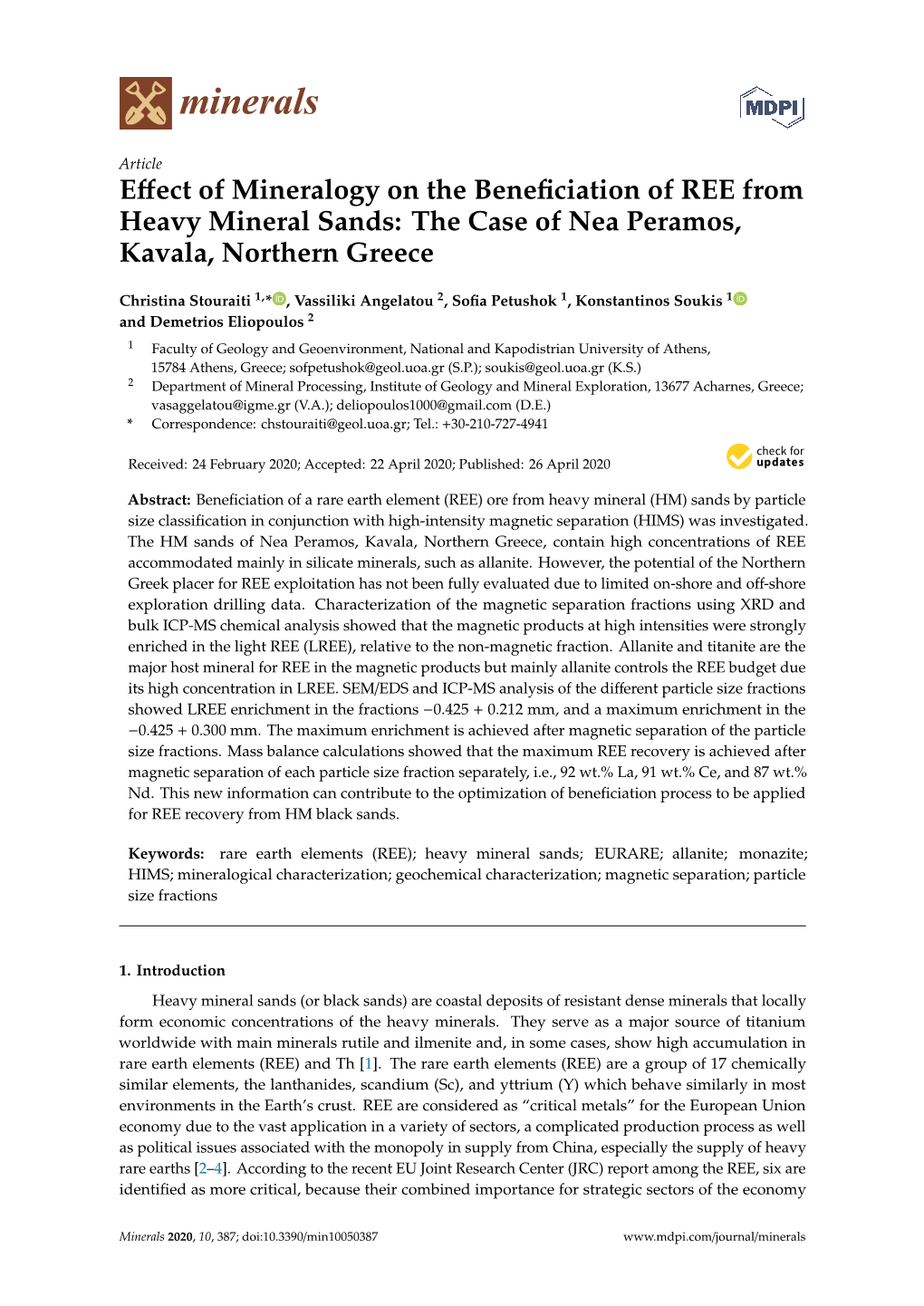 Effect of Mineralogy on the Beneficiation of REE from Heavy Mineral Sands: the Case of Nea Peramos, Kavala, Northern Greece