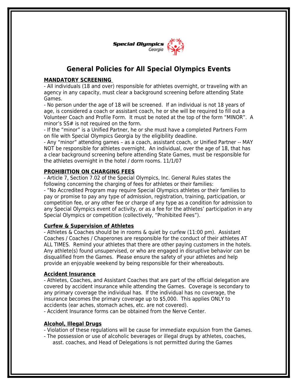 General Policies for All Special Olympics Events