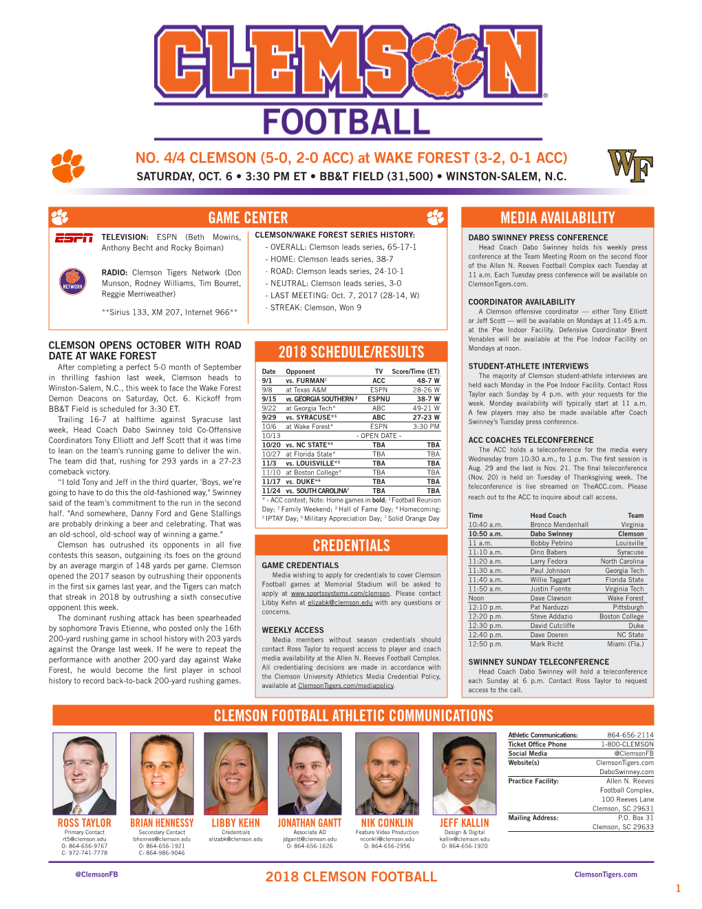 Game Center 2018 Schedule/Results Clemson Football Athletic Communications Media Availability Credentials