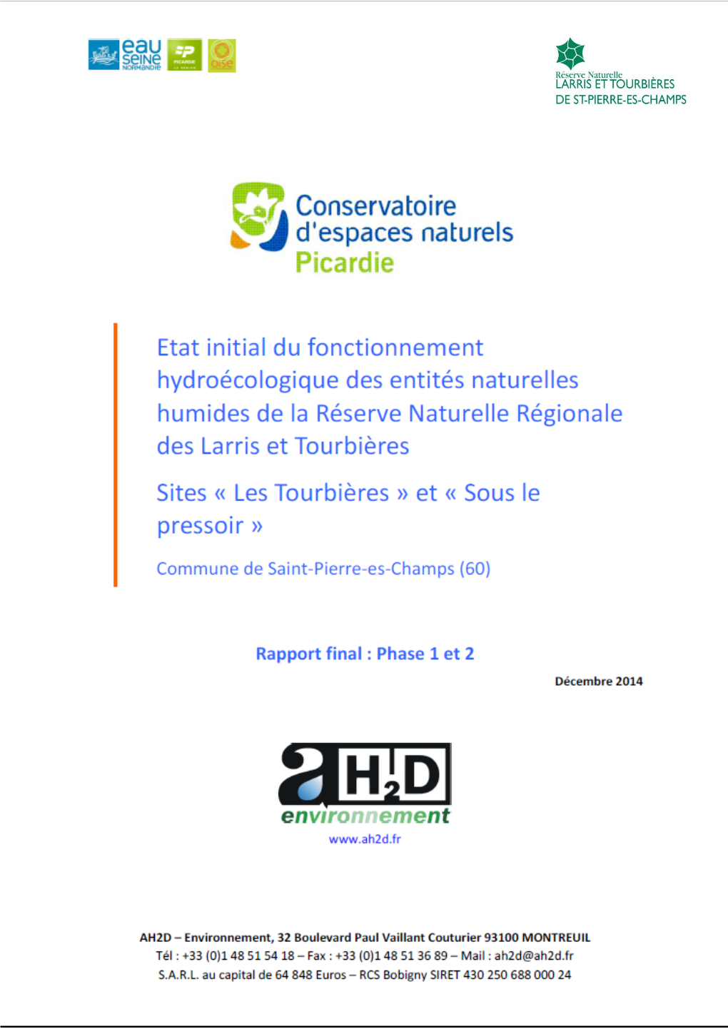 Etude Hydrologique Réserve Naturelle Régionale Des Larris Et Tourbières