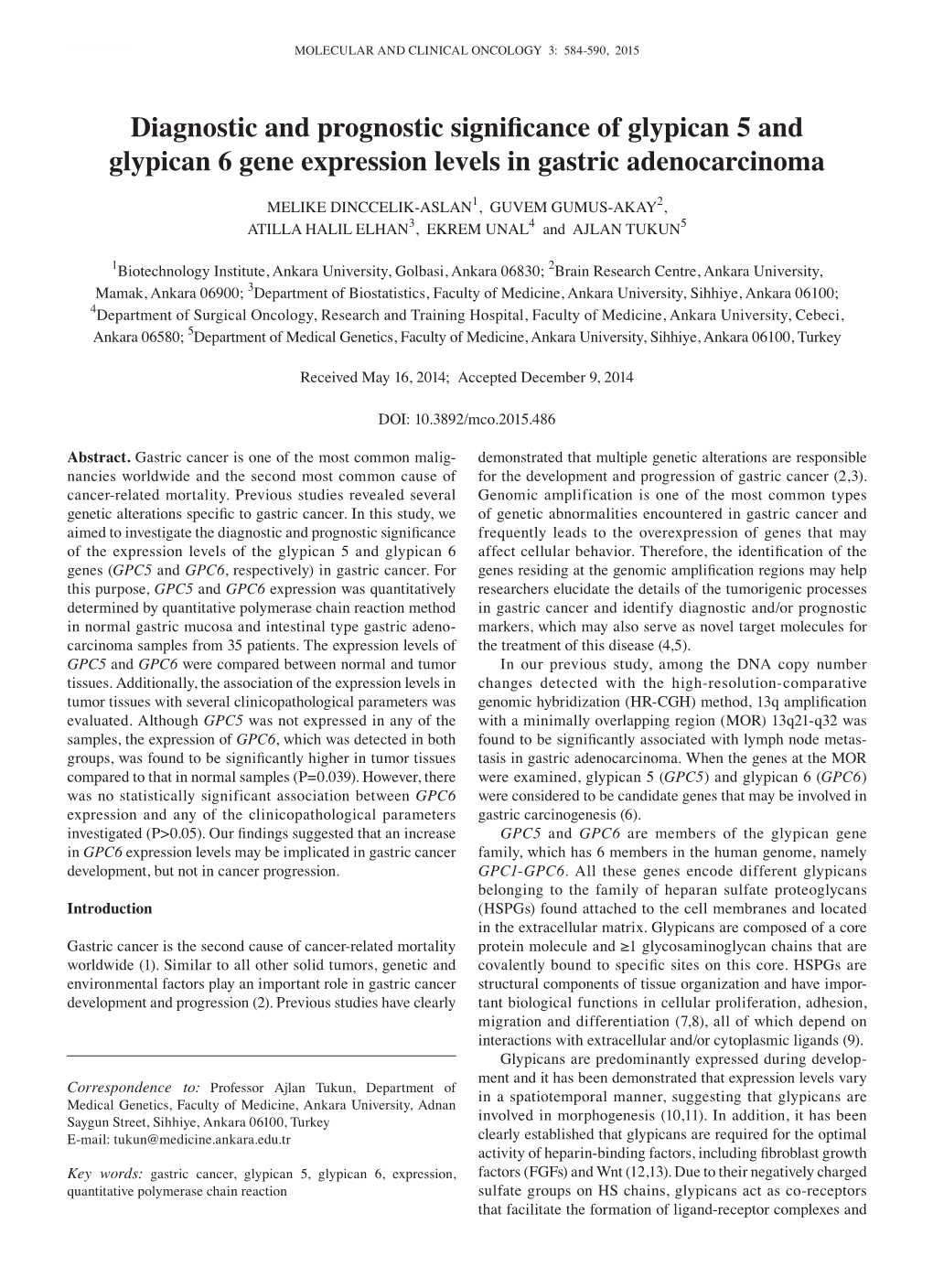 Diagnostic and Prognostic Significance of Glypican 5 and Glypican 6 Gene Expression Levels in Gastric Adenocarcinoma