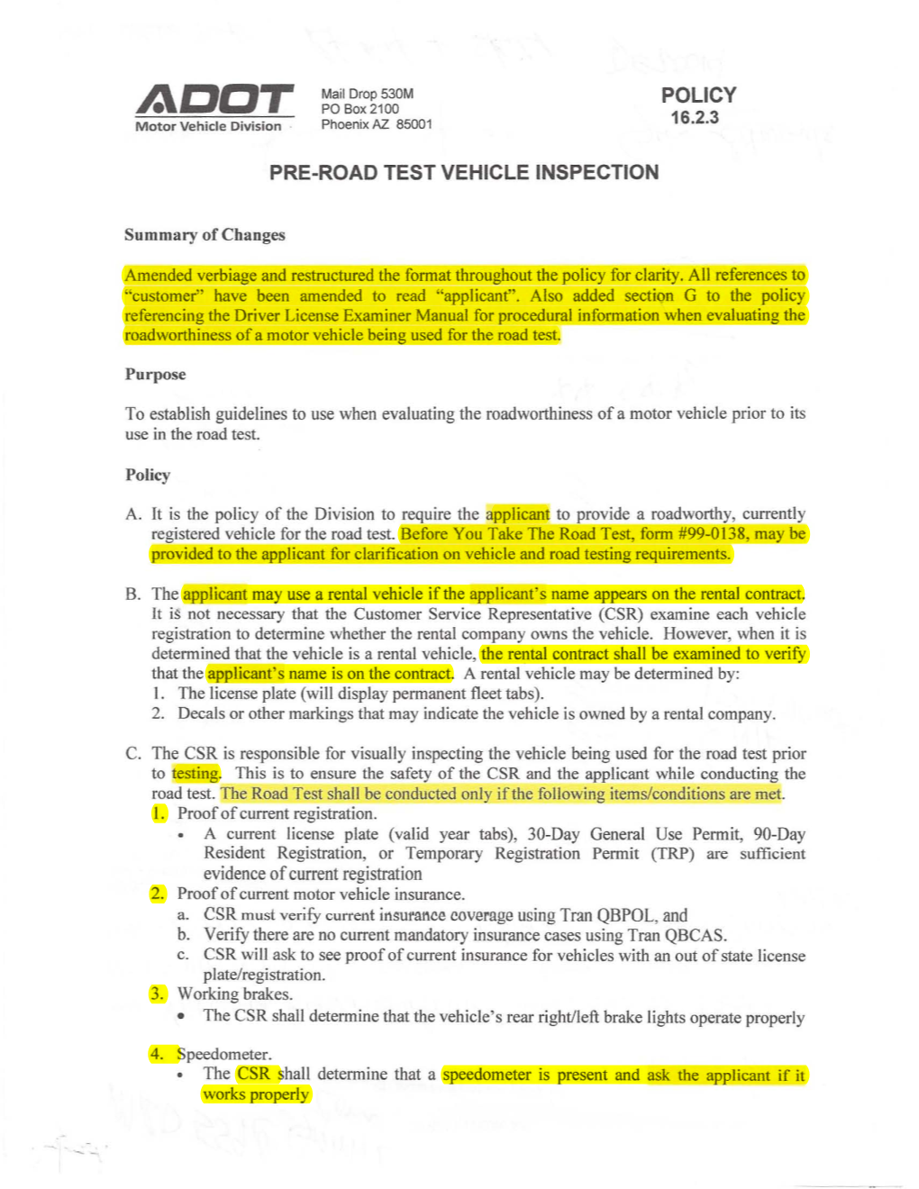 Policy Pre-Road Test Vehicle Inspection