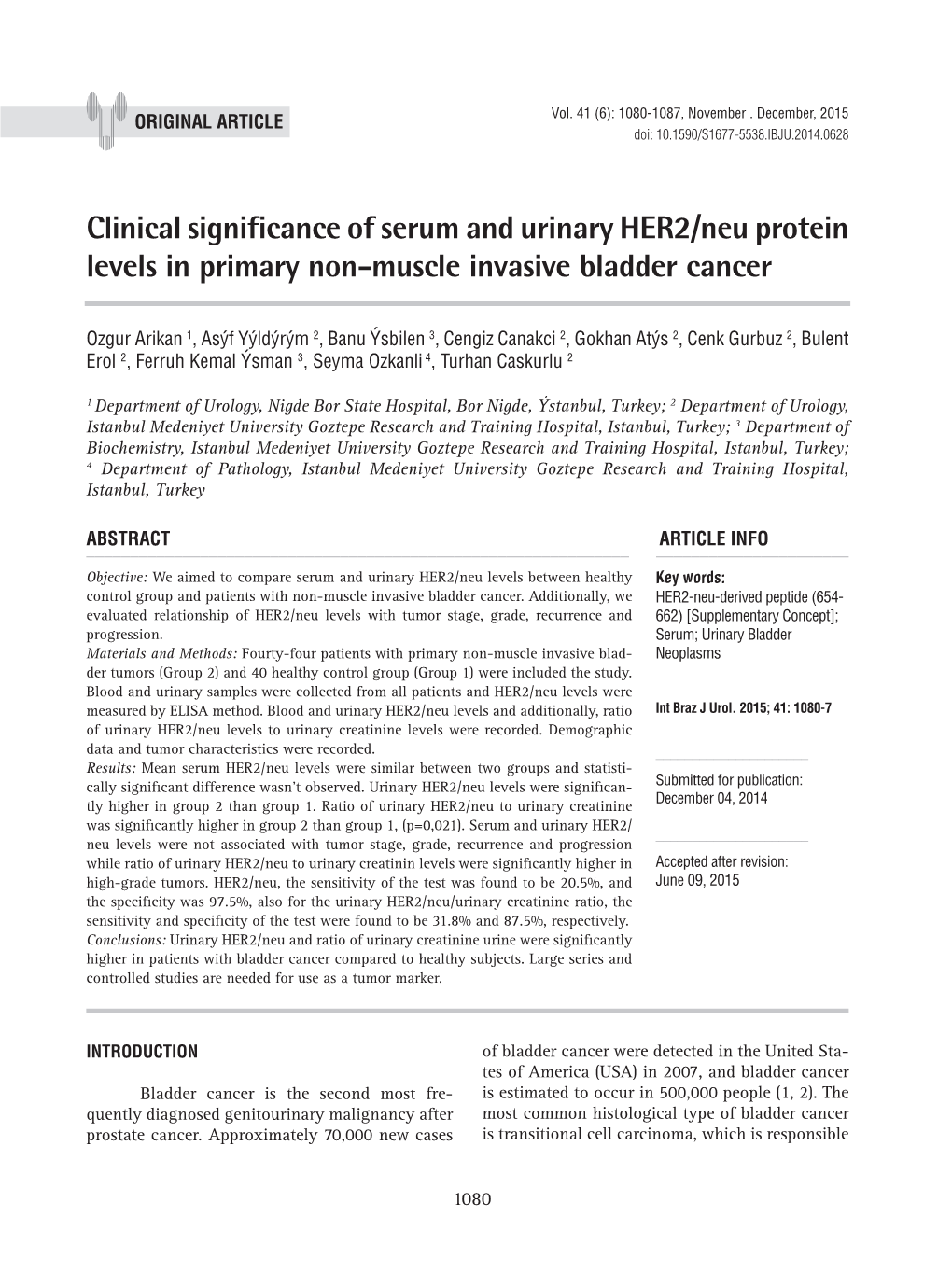 Clinical Significance of Serum and Urinary HER2/Neu Protein Levels in Primary Non-Muscle Invasive Bladder Cancer ______