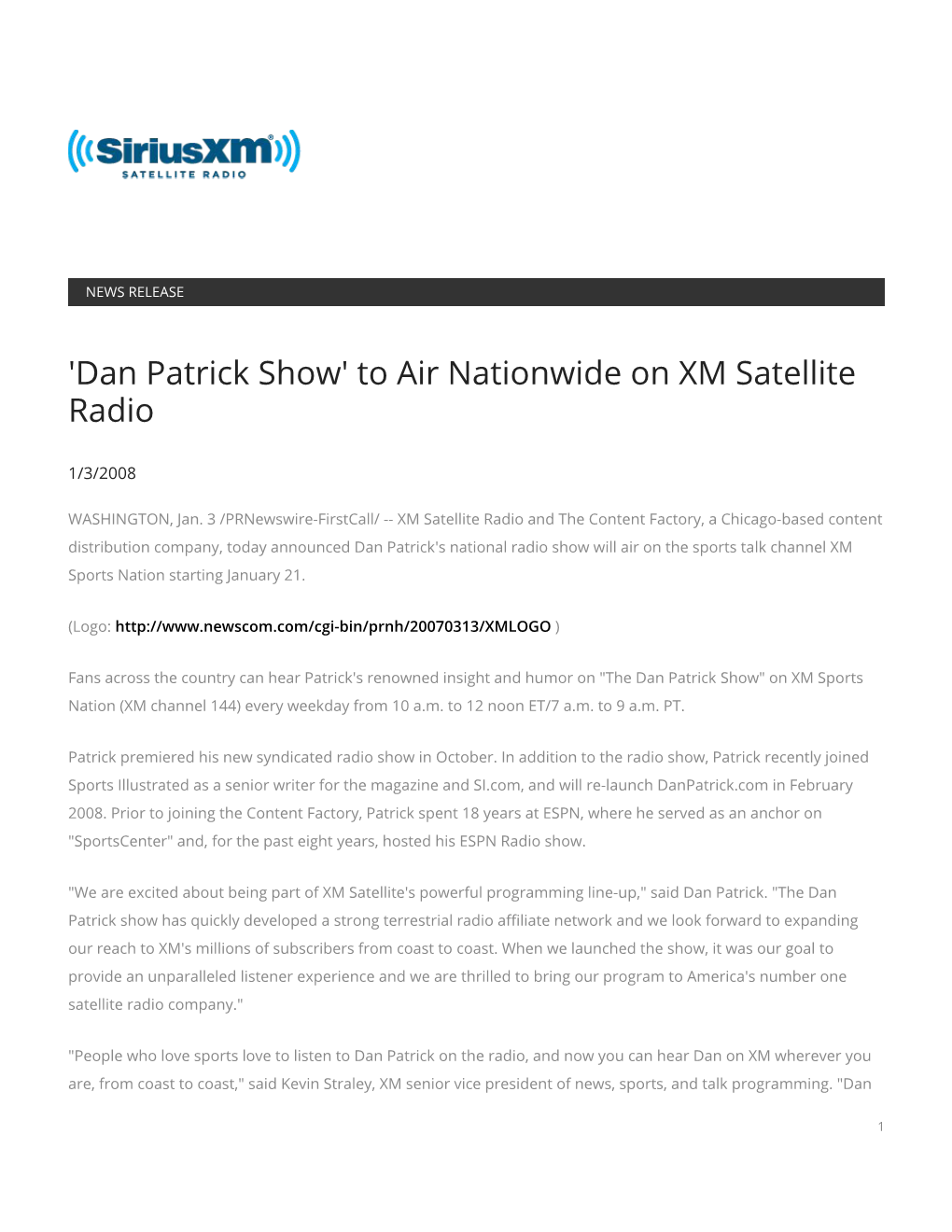 'Dan Patrick Show' to Air Nationwide on XM Satellite Radio