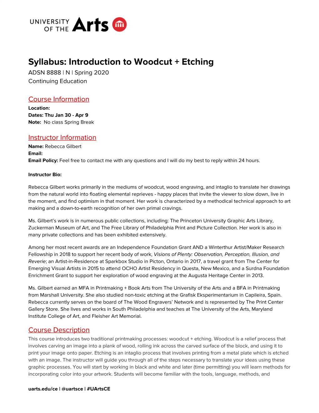 Syllabus: Introduction to Woodcut + Etching ADSN 8888 | N | Spring 2020 Continuing Education