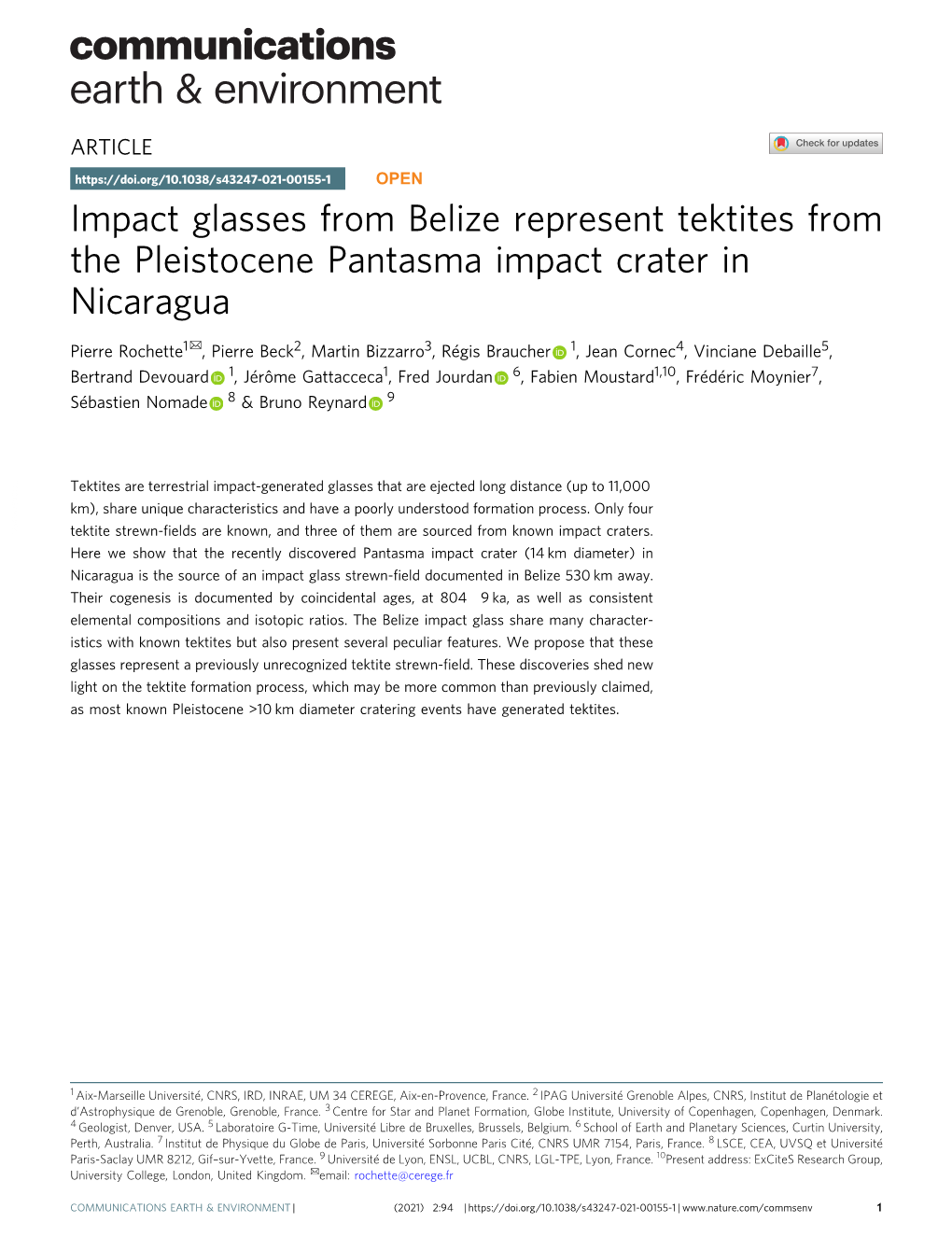 Impact Glasses from Belize Represent Tektites from the Pleistocene