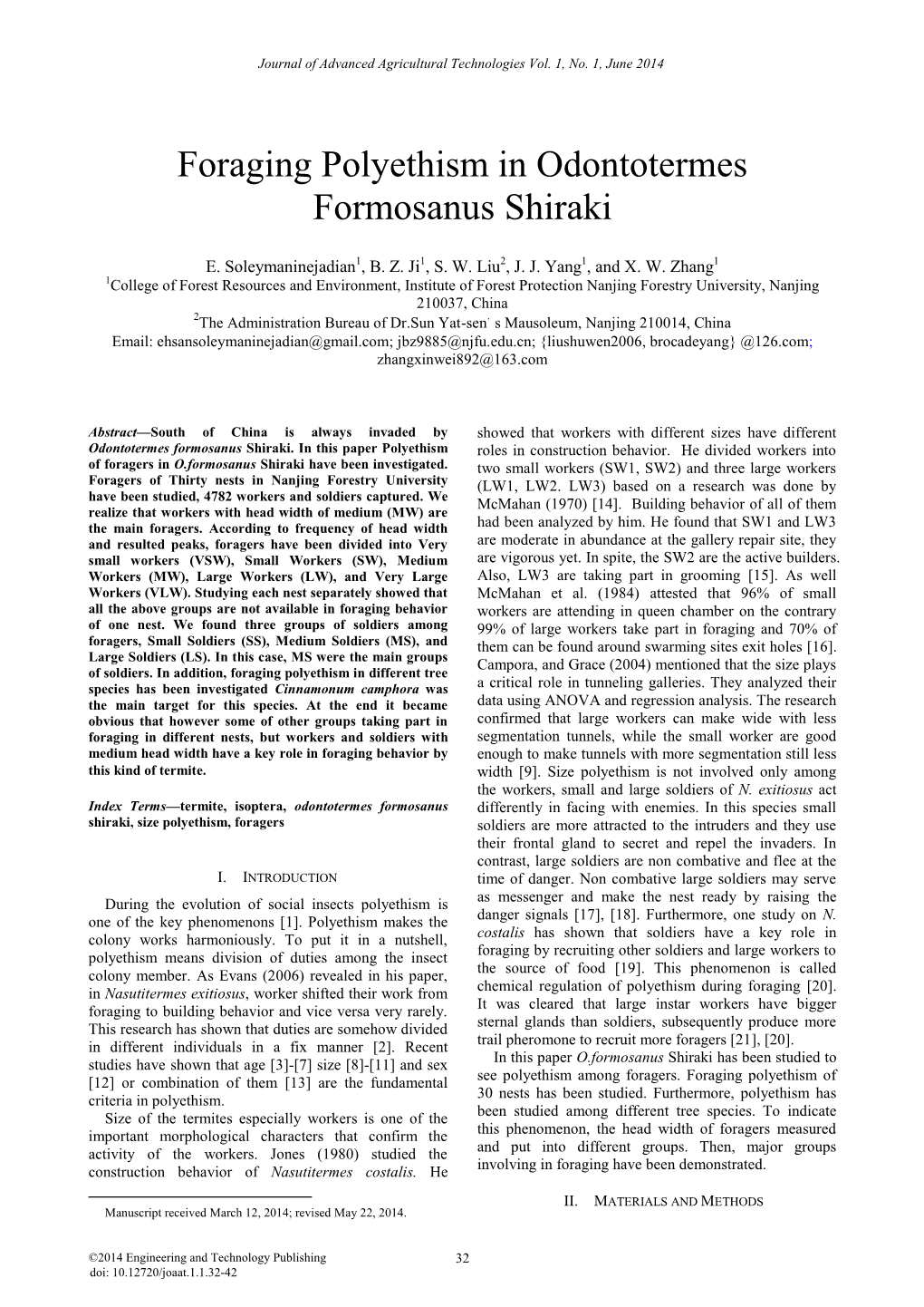Foraging Polyethism in Odontotermes Formosanus Shiraki