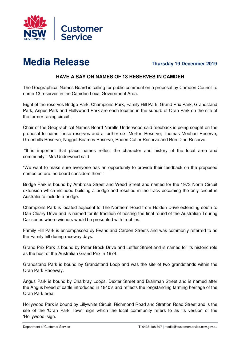 191219 MEDIA RELEASE GNB CAMDEN RESERVES.Pdf