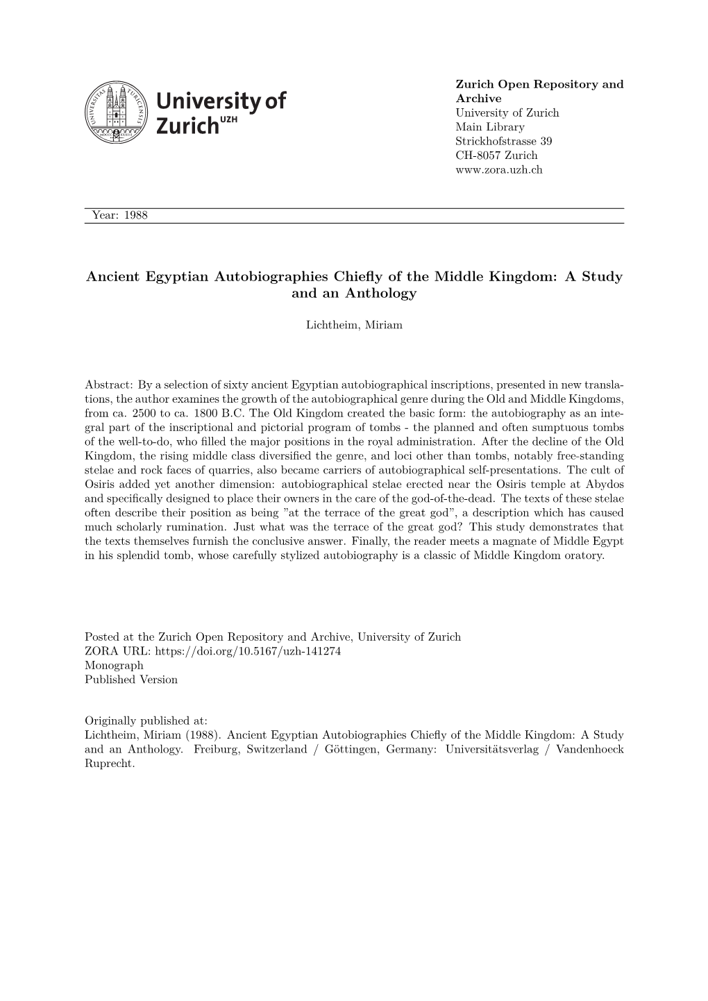 'Ancient Egyptian Autobiographies Chiefly of the Middle Kingdom: a Study and an Anthology'