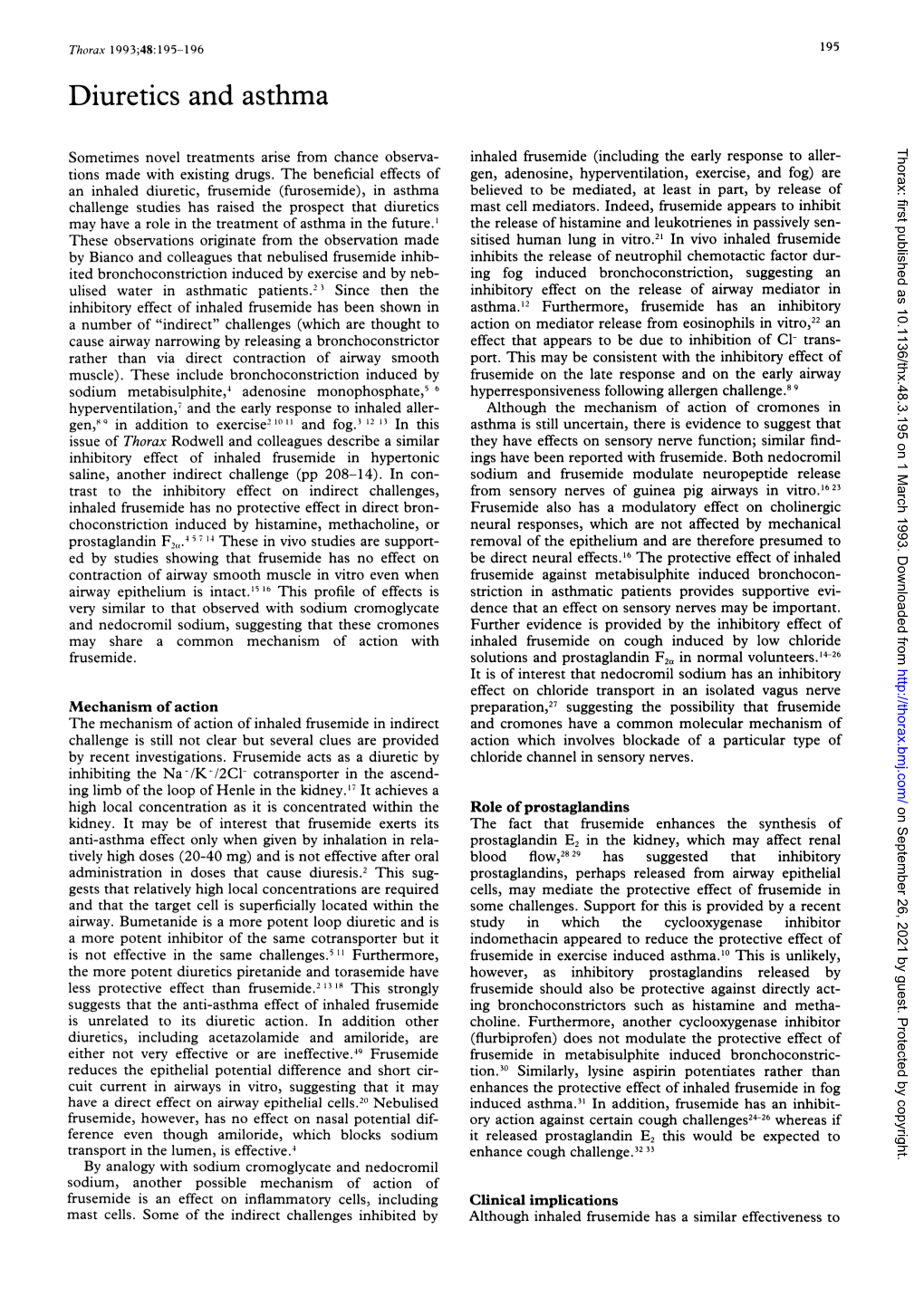 Diuretics and Asthma Thorax: First Published As 10.1136/Thx.48.3.195 on 1 March 1993