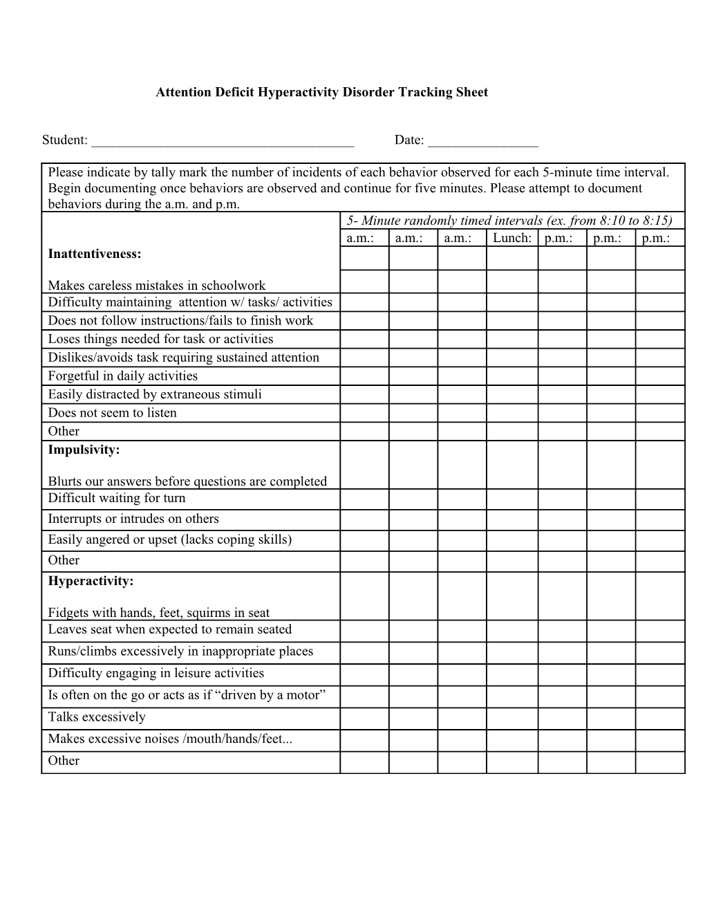 Attention Deficit Hyperactivity Disorder Tracking Sheet