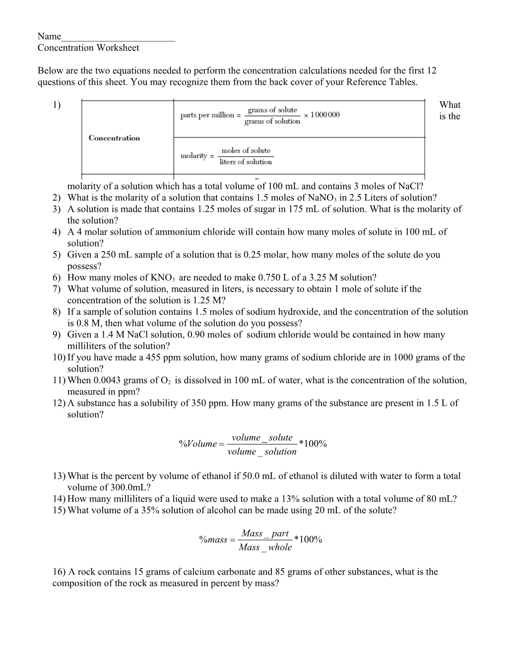 Concentration Worksheet