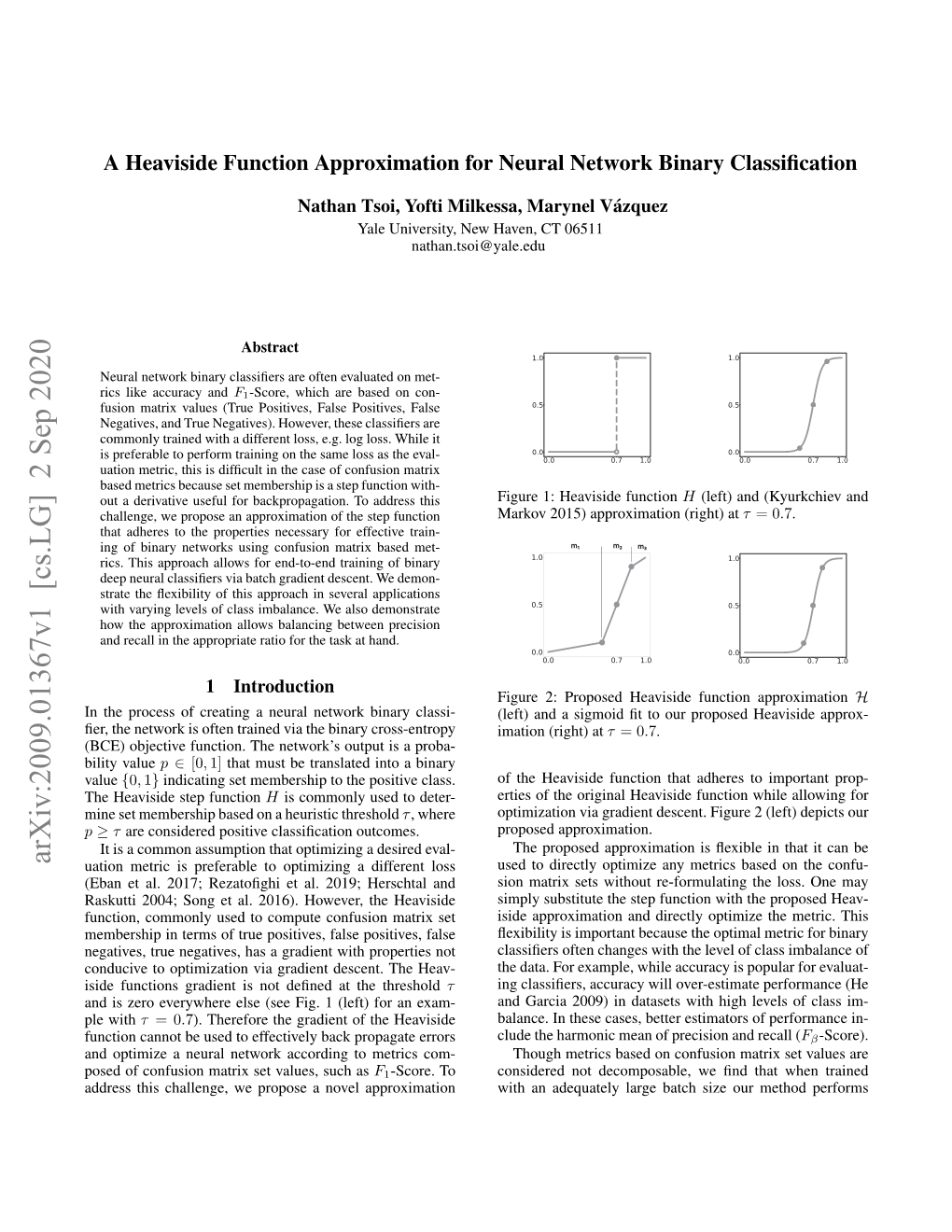 A Heaviside Function Approximation for Neural Network Binary Classiﬁcation