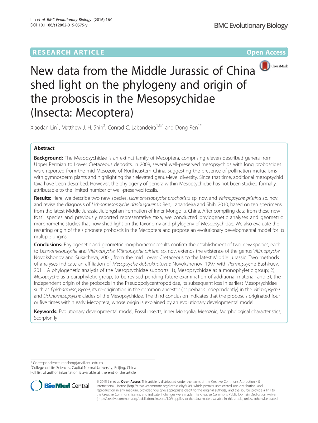 New Data from the Middle Jurassic of China Shed Light on the Phylogeny and Origin of the Proboscis in the Mesopsychidae (Insecta: Mecoptera) Xiaodan Lin1, Matthew J