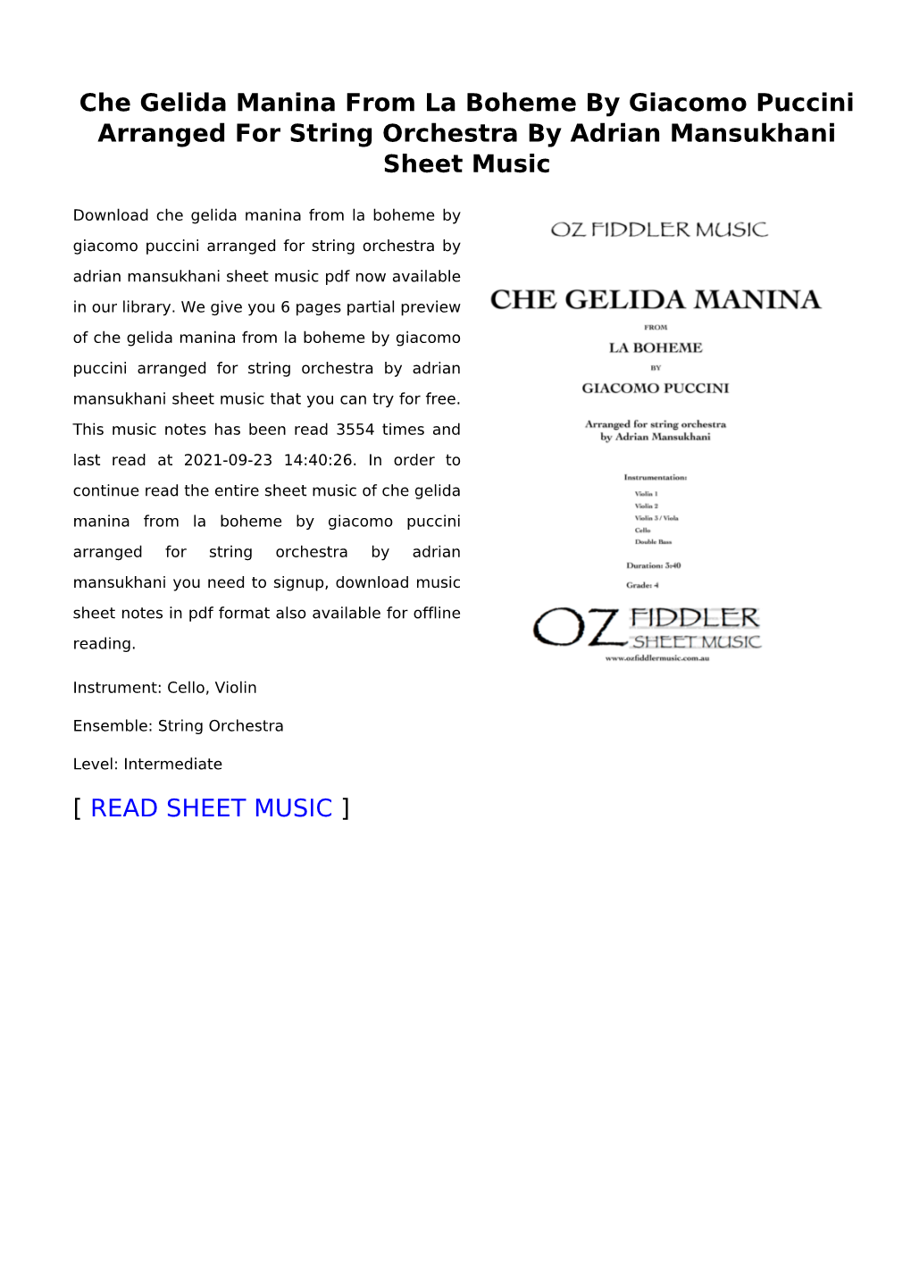 Che Gelida Manina from La Boheme by Giacomo Puccini Arranged for String Orchestra by Adrian Mansukhani Sheet Music