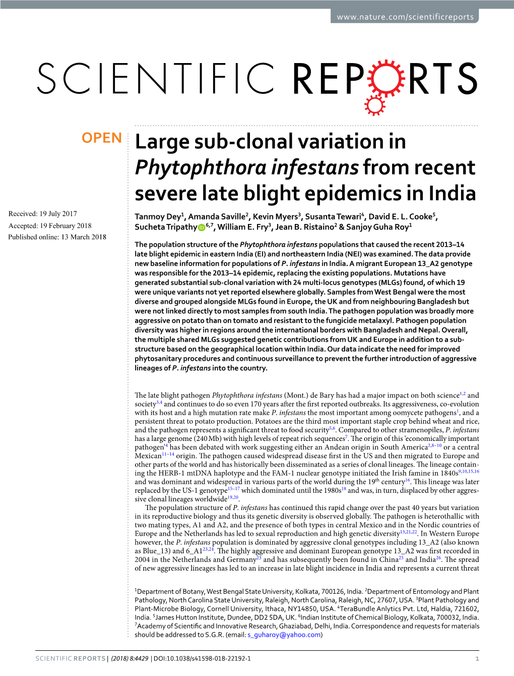 Large Sub-Clonal Variation in Phytophthora Infestans from Recent