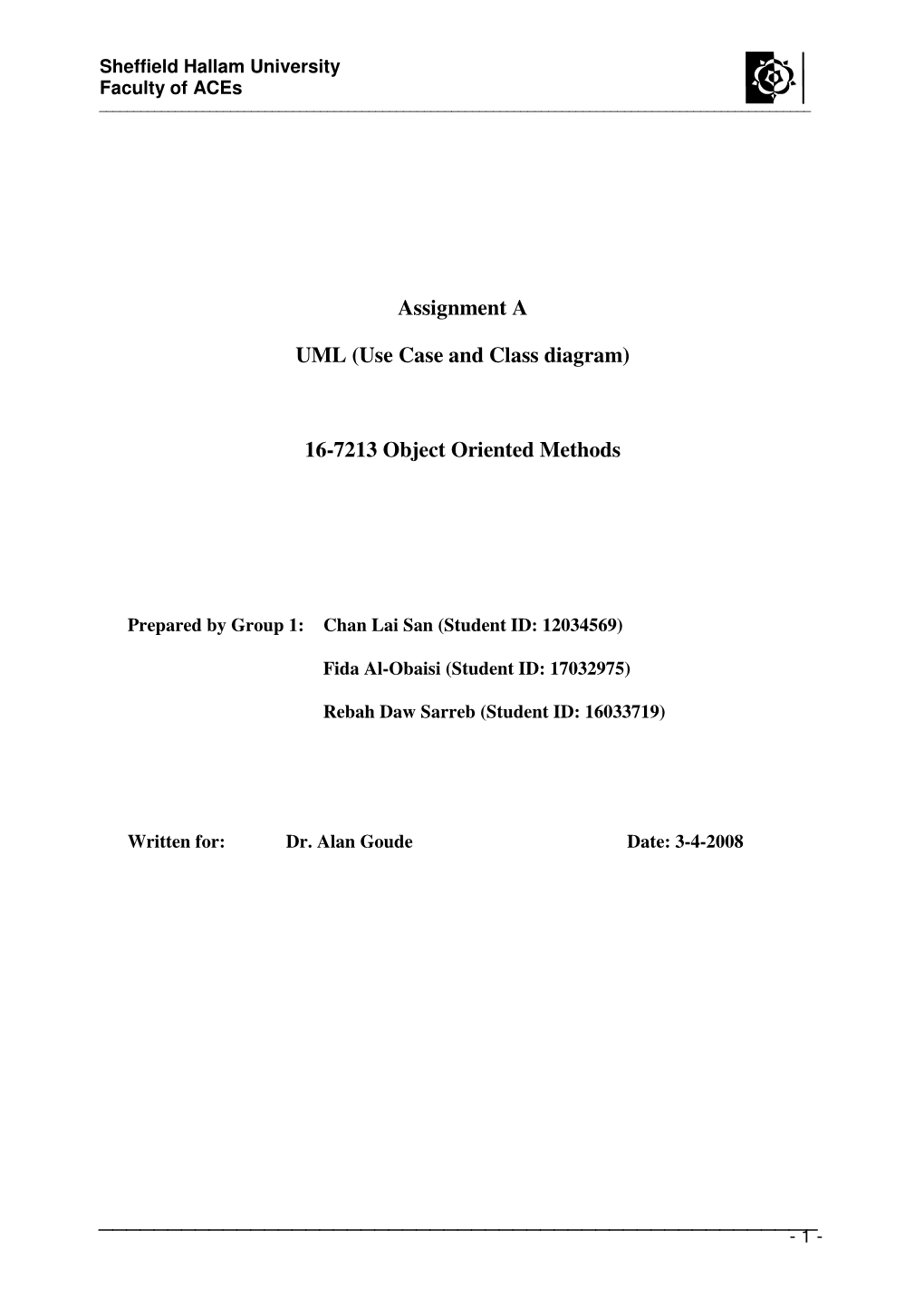 Assignment a UML (Use Case and Class Diagram) 16-7213 Object