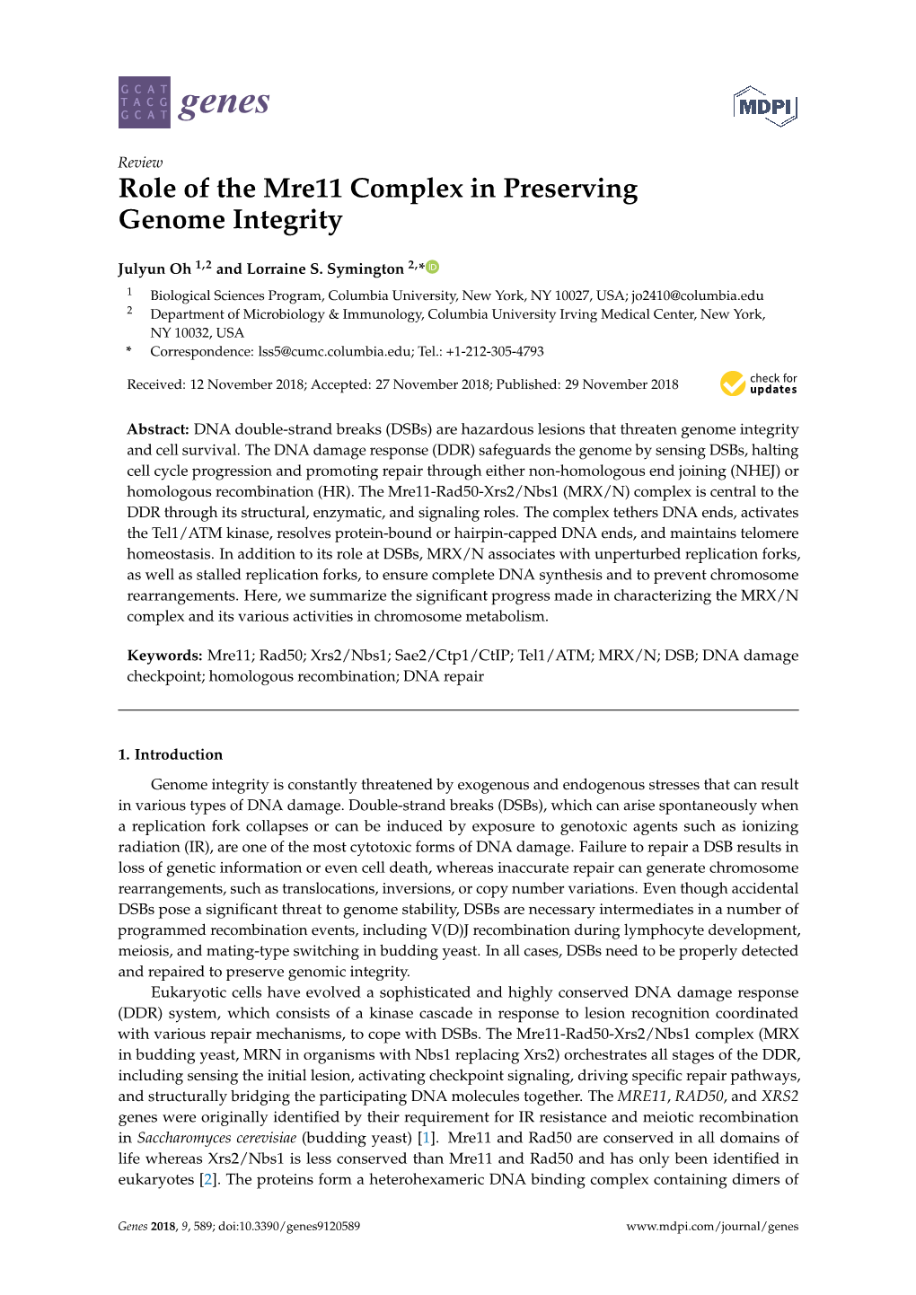 Role of the Mre11 Complex in Preserving Genome Integrity