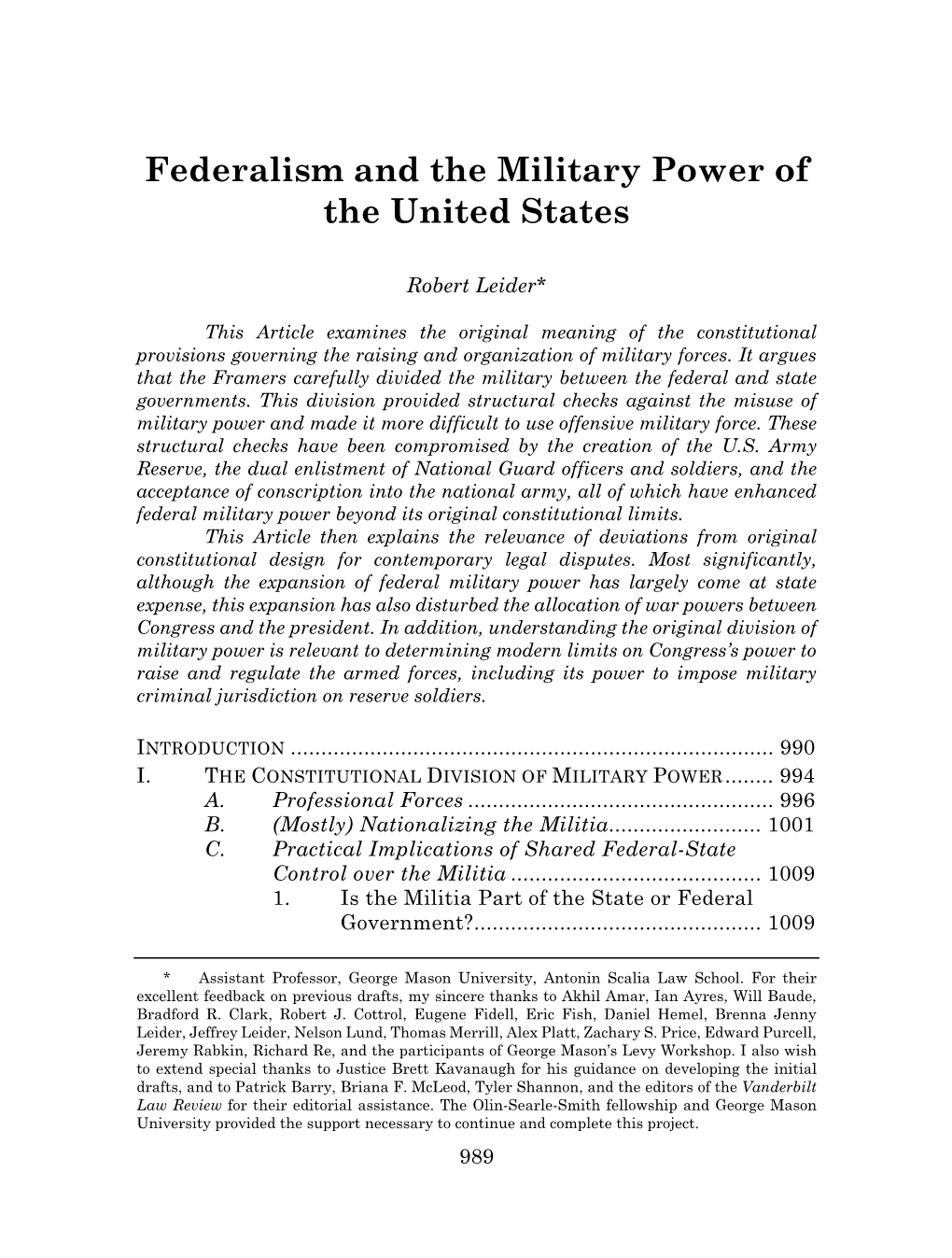 Federalism and the Military Power of the United States