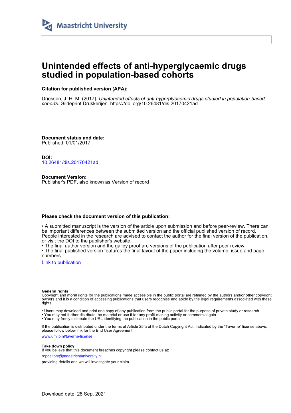 Unintended Effects of Anti-Hyperglycaemic Drugs Studied in Population-Based Cohorts