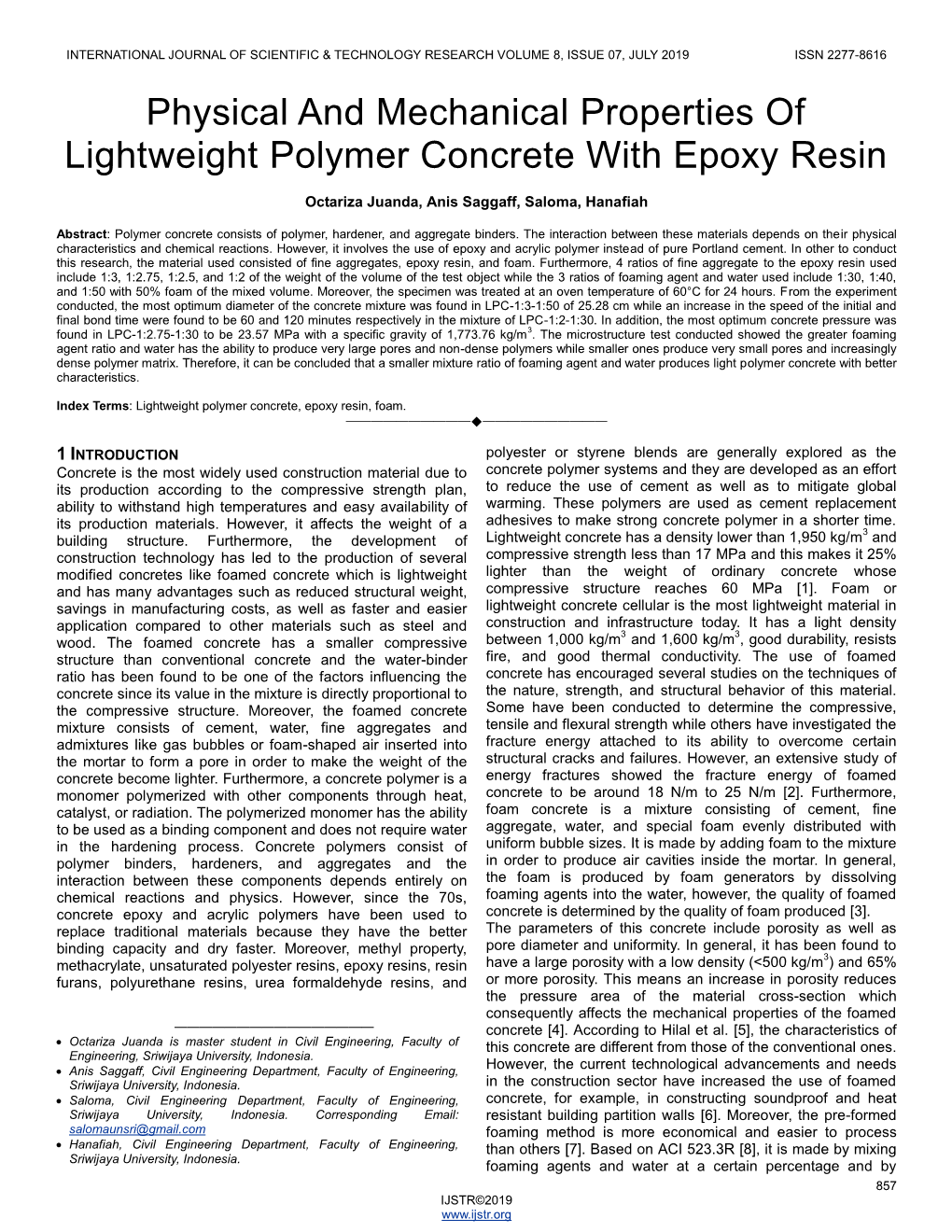 Physical and Mechanical Properties of Lightweight Polymer Concrete with Epoxy Resin