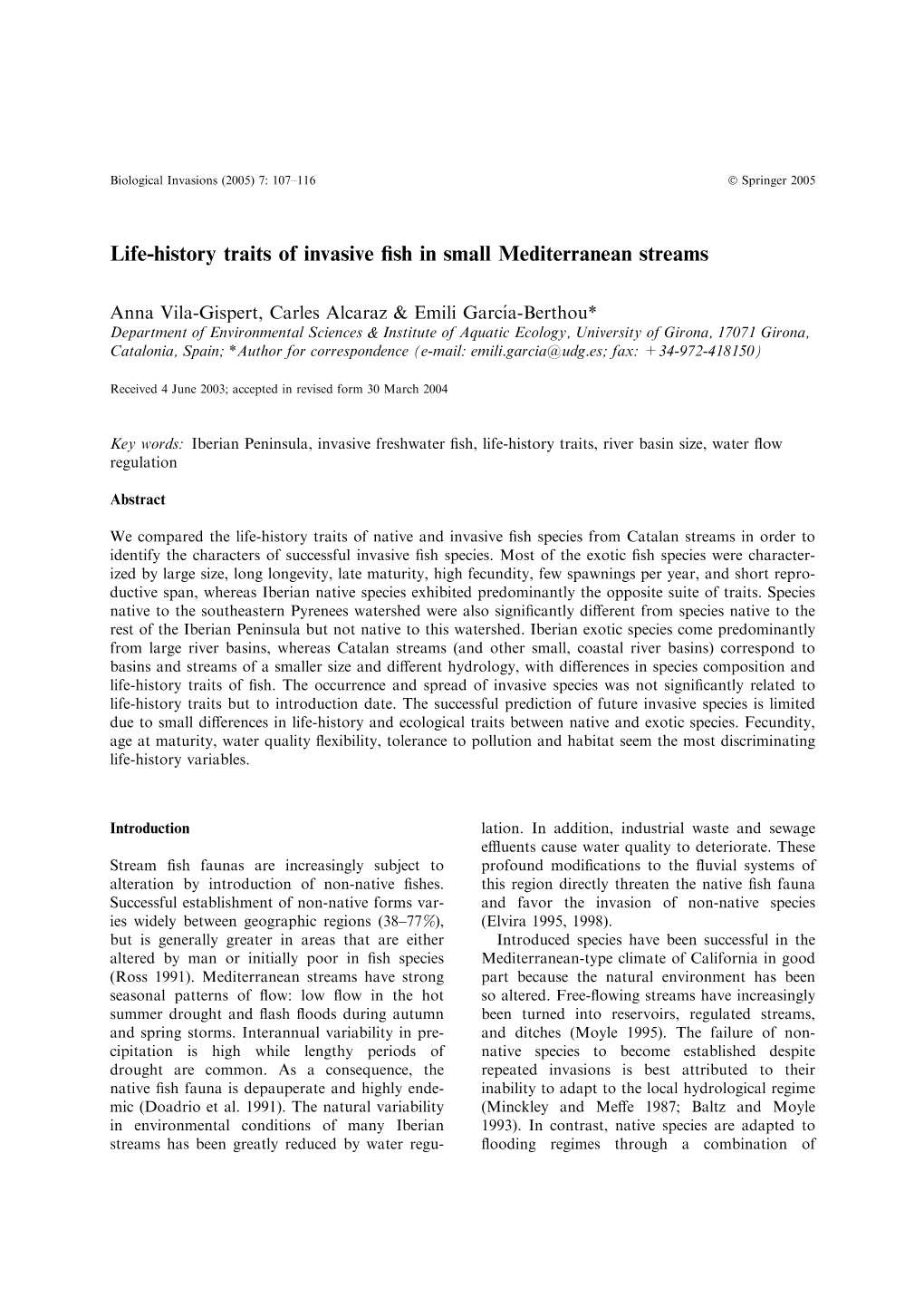 Life-History Traits of Invasive Fish in Small Mediterranean Streams