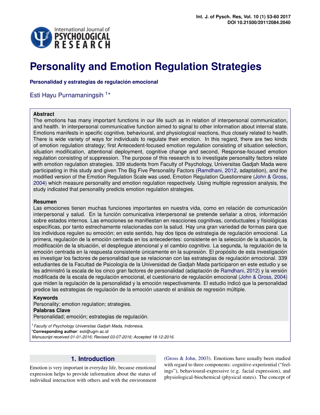 Personality and Emotion Regulation Strategies