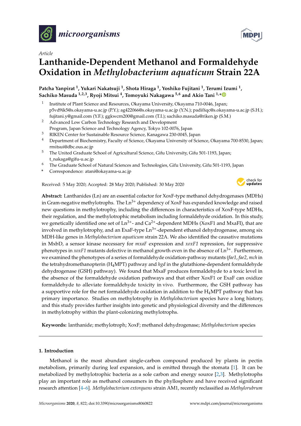 Lanthanide-Dependent Methanol and Formaldehyde Oxidation in Methylobacterium Aquaticum Strain 22A
