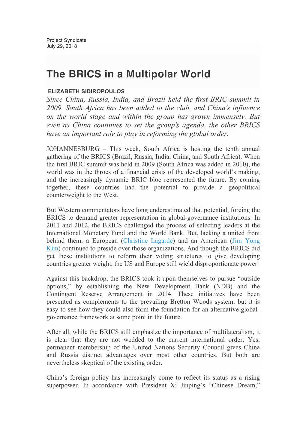 The BRICS in a Multipolar World