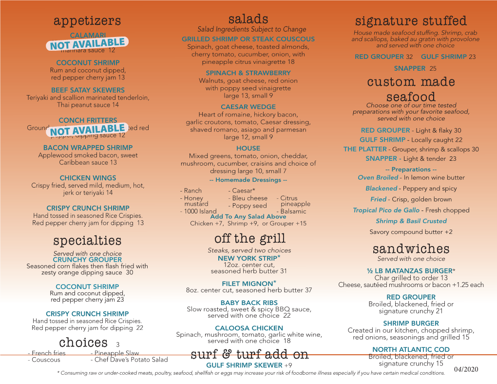 Off the Grill Sandwiches Surf & Turf Add on Specialties Signature Stuffed Appetizers Salads Choices 3