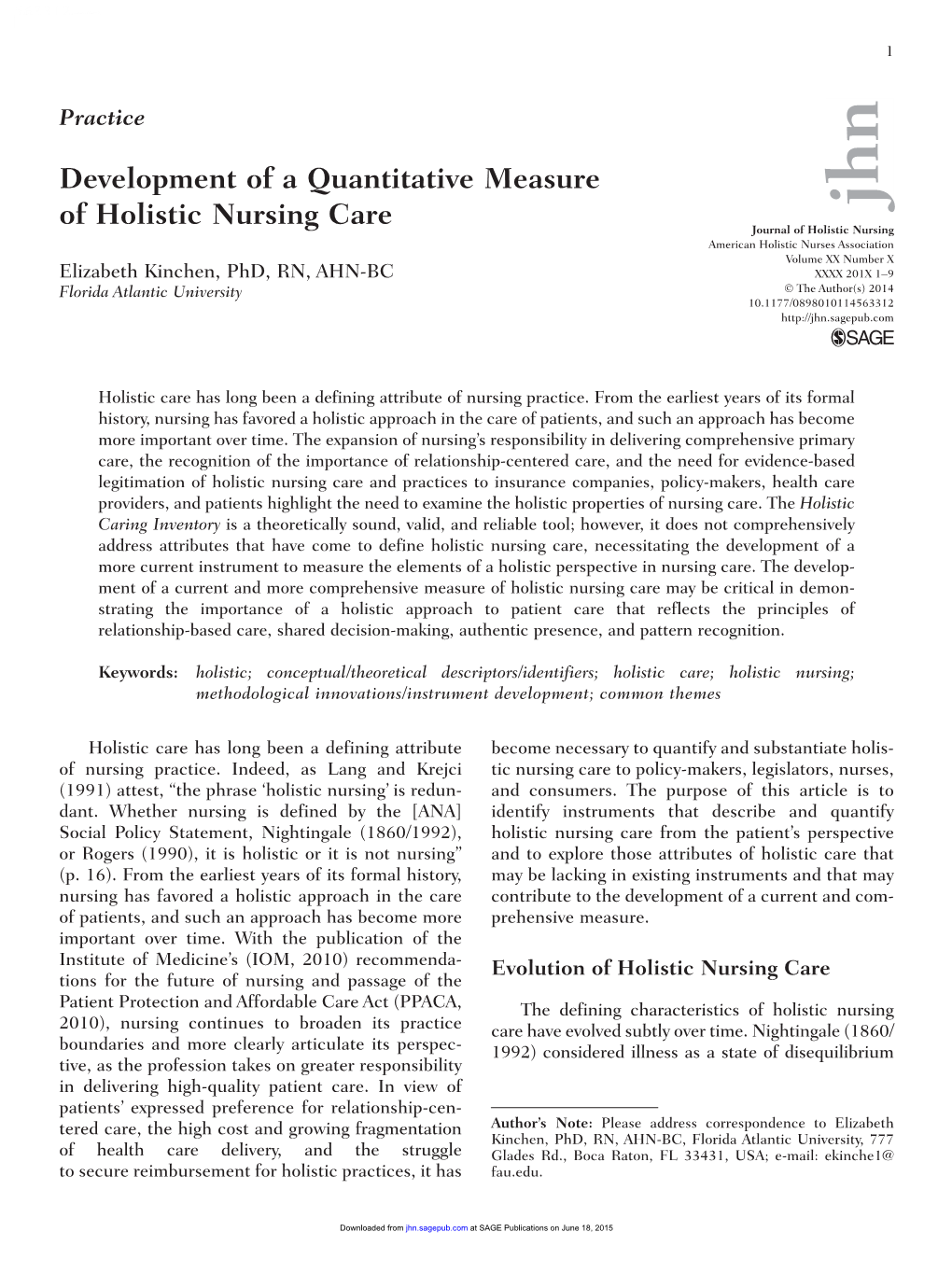 Development of a Quantitative Measure of Holistic Nursing Care