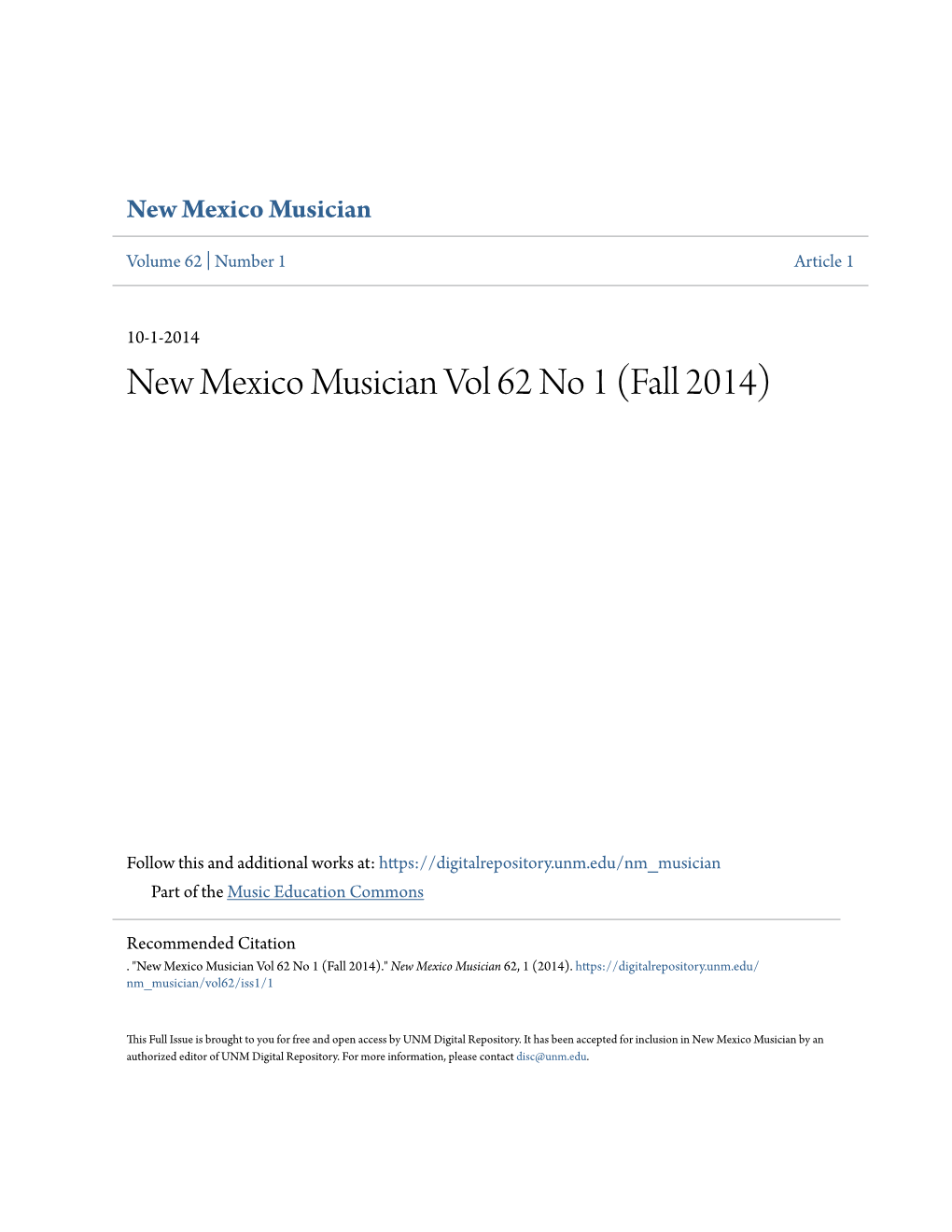 New Mexico Musician Vol 62 No 1 (Fall 2014)