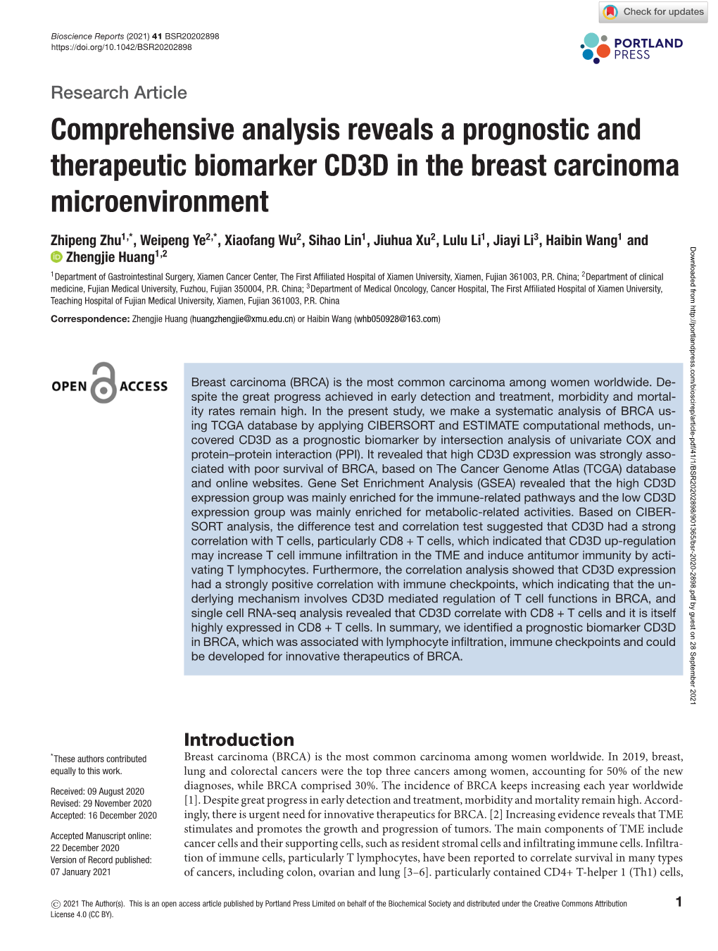 Comprehensive Analysis Reveals a Prognostic and Therapeutic Biomarker CD3D in the Breast Carcinoma Microenvironment