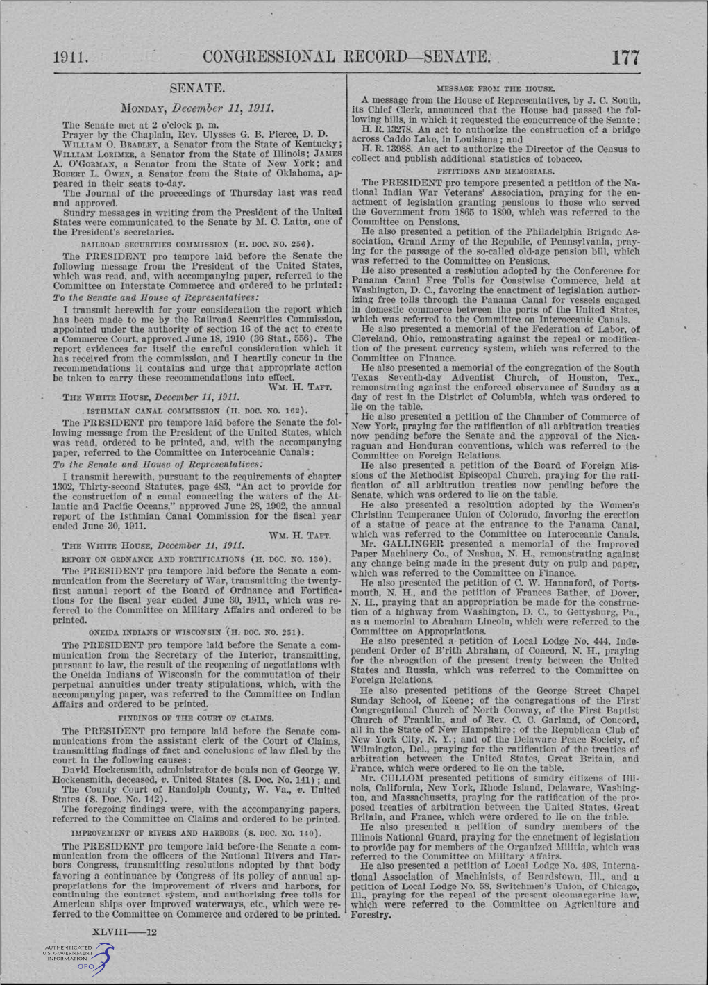 SENATE. MONDAY, December 11, 1911