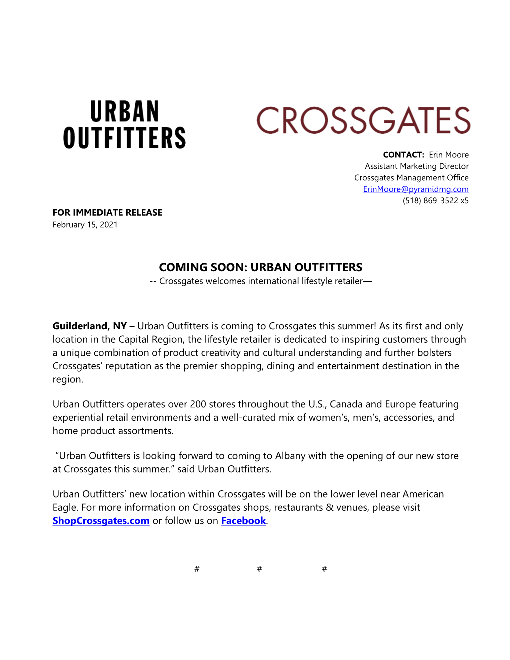 COMING SOON: URBAN OUTFITTERS -- Crossgates Welcomes International Lifestyle Retailer—