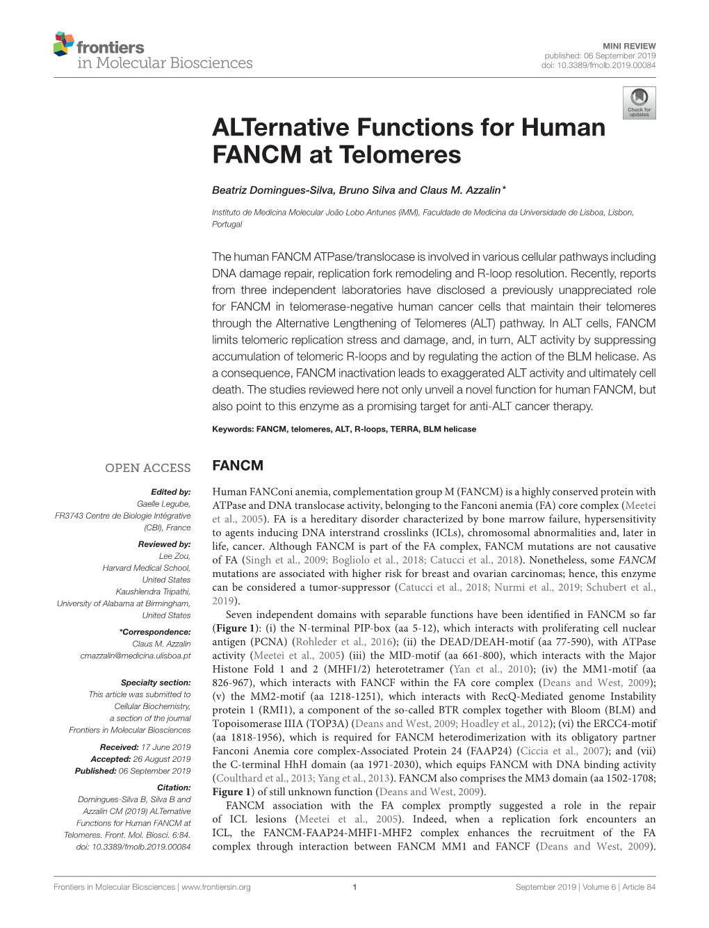 Alternative Functions for Human FANCM at Telomeres