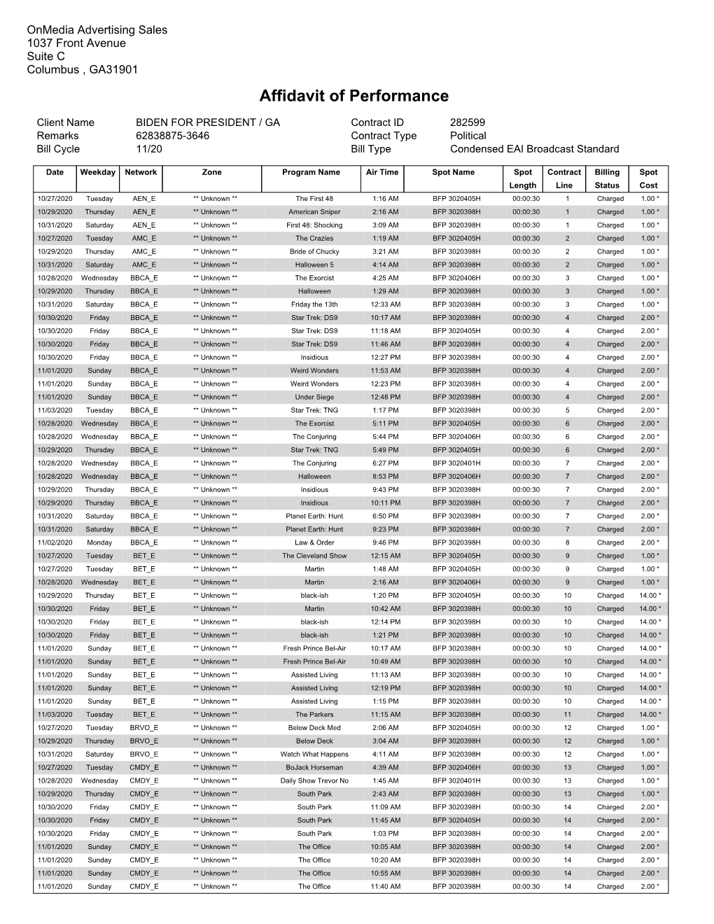 Affidavit of Performance