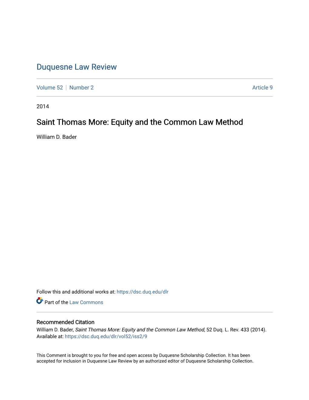 Saint Thomas More: Equity and the Common Law Method