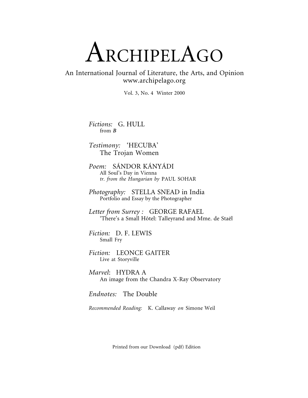 ARCHIPELAGO an International Journal of Literature, the Arts, and Opinion