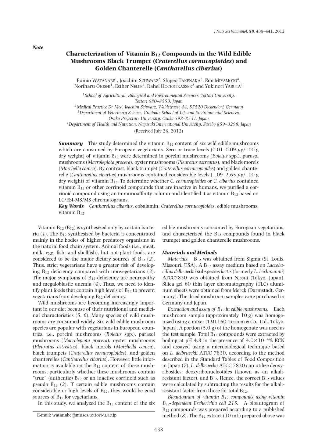 Characterization of Vitamin B12 Compounds in the Wild Edible Mushrooms Black Trumpet (Craterellus Cornucopioides) and Golden Chanterelle (Cantharellus Cibarius)