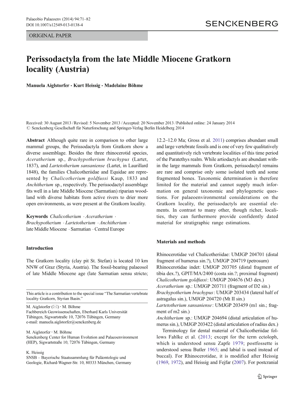 Perissodactyla from the Late Middle Miocene Gratkorn Locality (Austria)