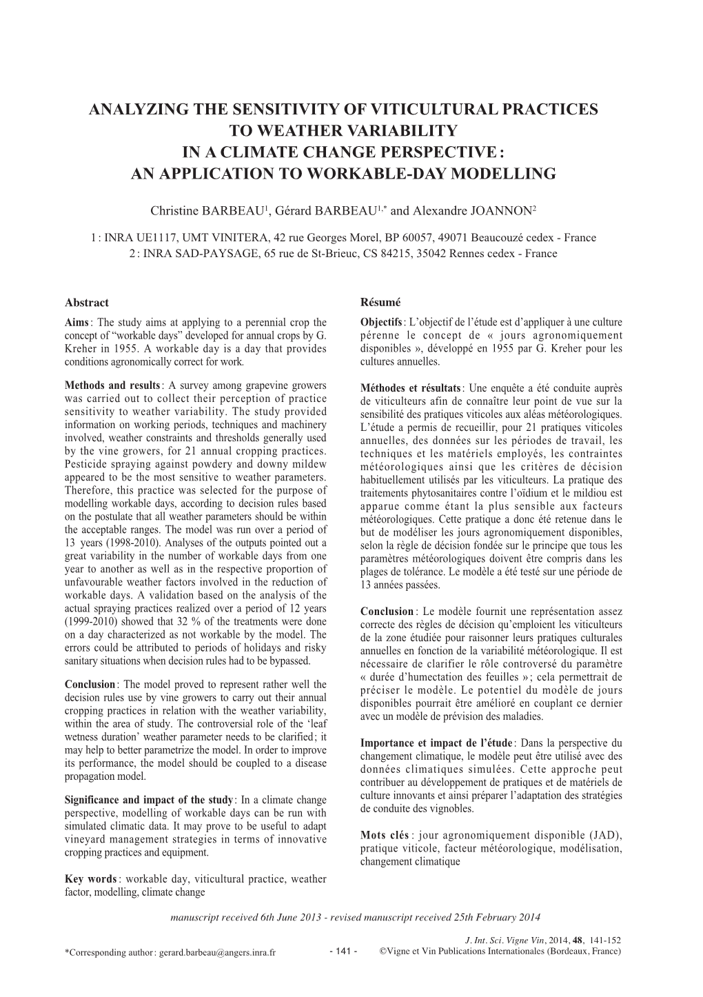 Analyzing the Sensitivity of Viticultural Practices to Weather Variability in a Climate Change Perspective: an Application to Workable-Day Modelling