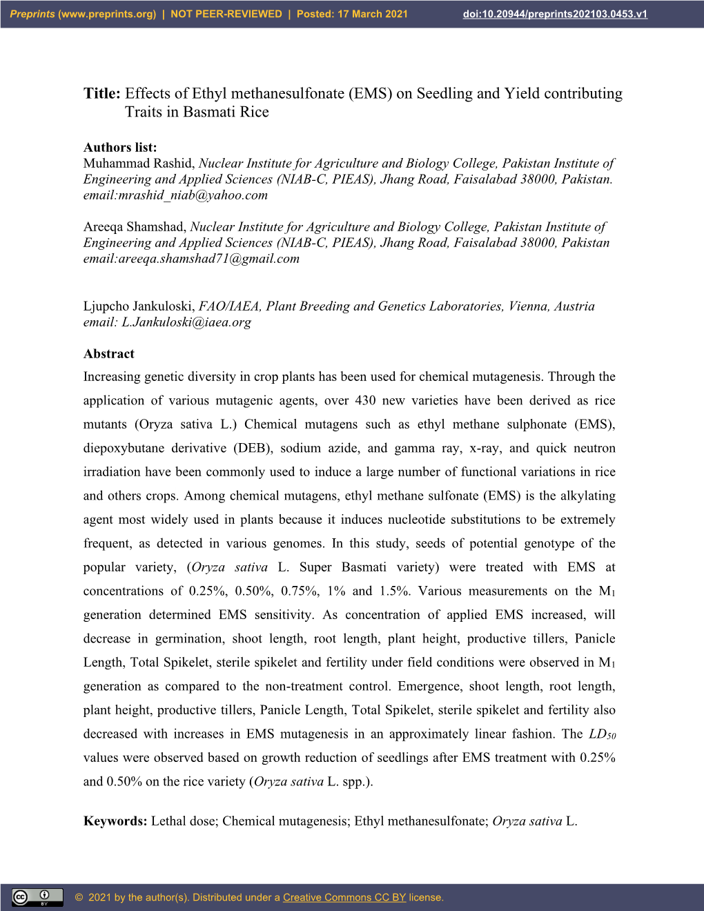 Title: Effects of Ethyl Methanesulfonate (EMS) on Seedling and Yield Contributing Traits in Basmati Rice