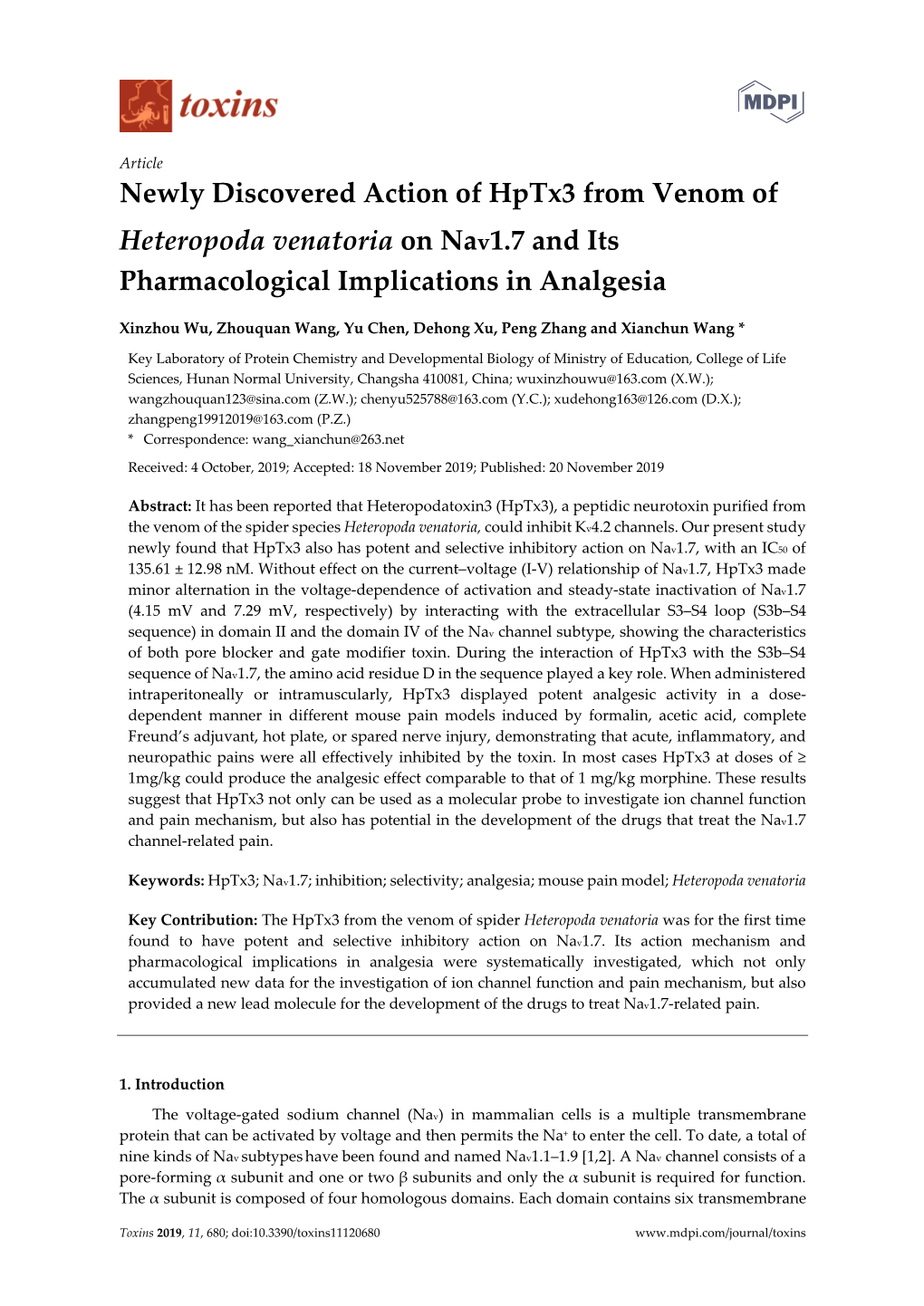 Newly Discovered Action of Hptx3 from Venom of Heteropoda Venatoria on Nav1.7 and Its Pharmacological Implications in Analgesia