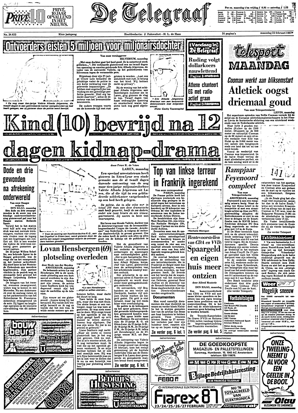 De Telegraaf 25.- Maandag 23 Februari 1987* No