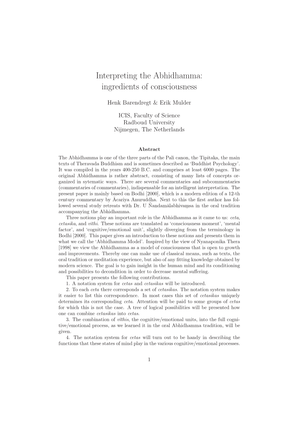 Interpreting the Abhidhamma: Ingredients of Consciousness